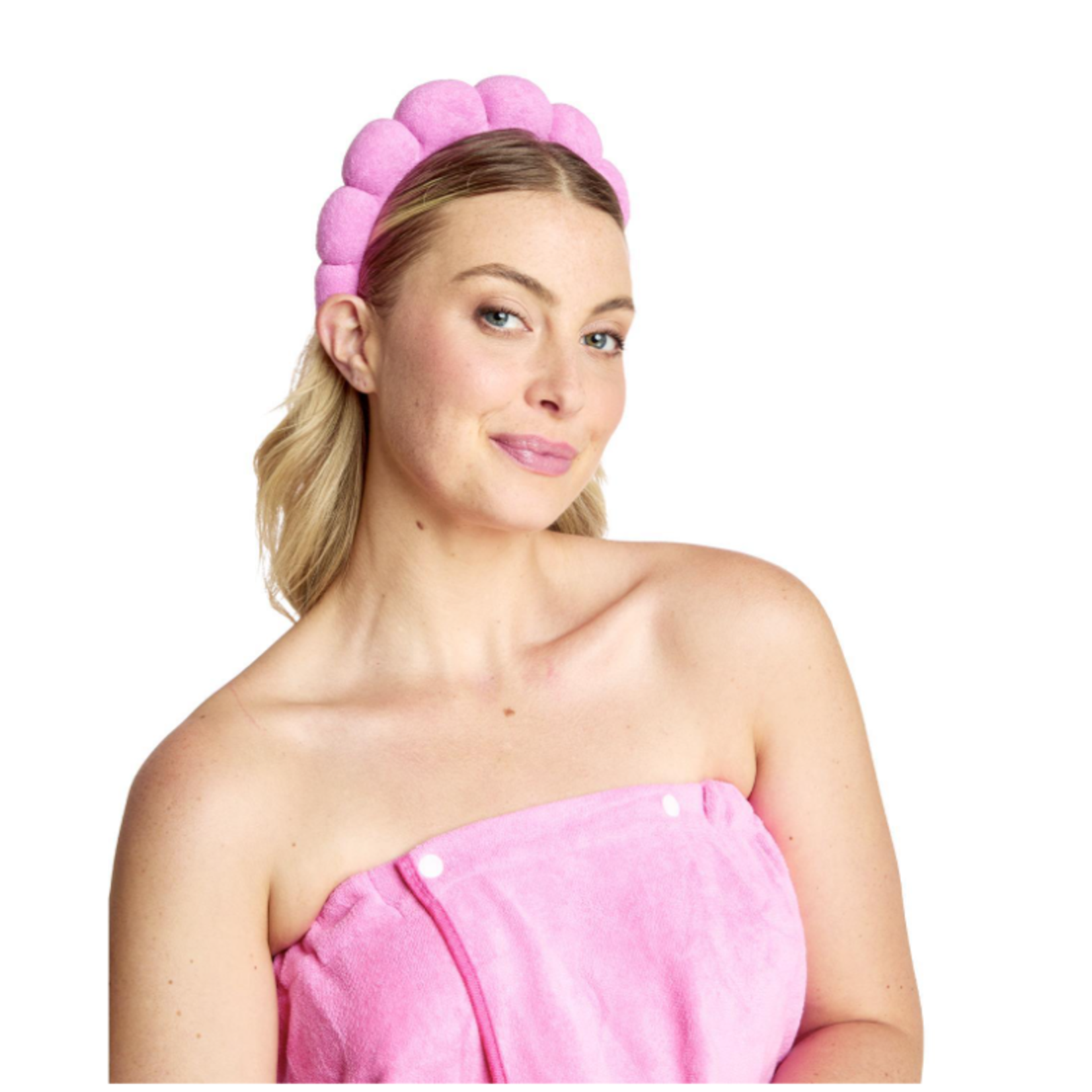 Two's Company Spa Time Headband and Snap Closure Wrap Towel Set in Matching Terry Cloth