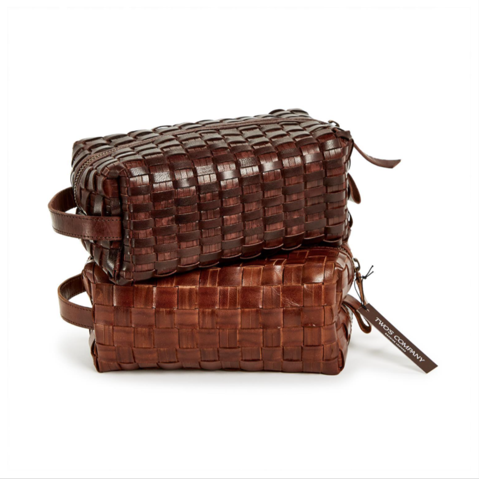 Two's Company Woven Leather Dopp Kit Cognac