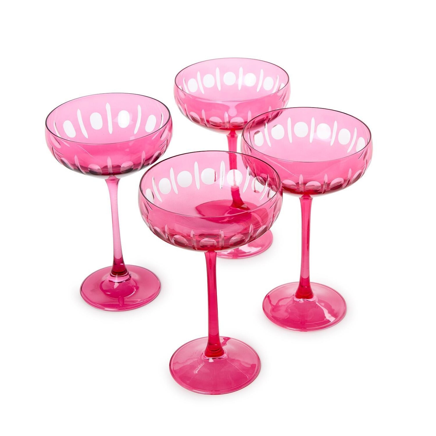 Two's Company Sparkling Cut Pink Hand Engraved Coupe Glasses