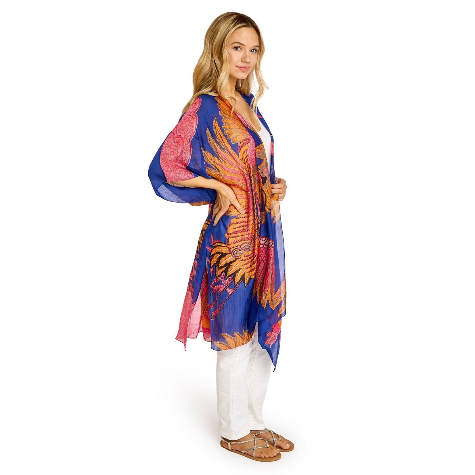 Two's Company Crane Print Cobalt Long Kimono