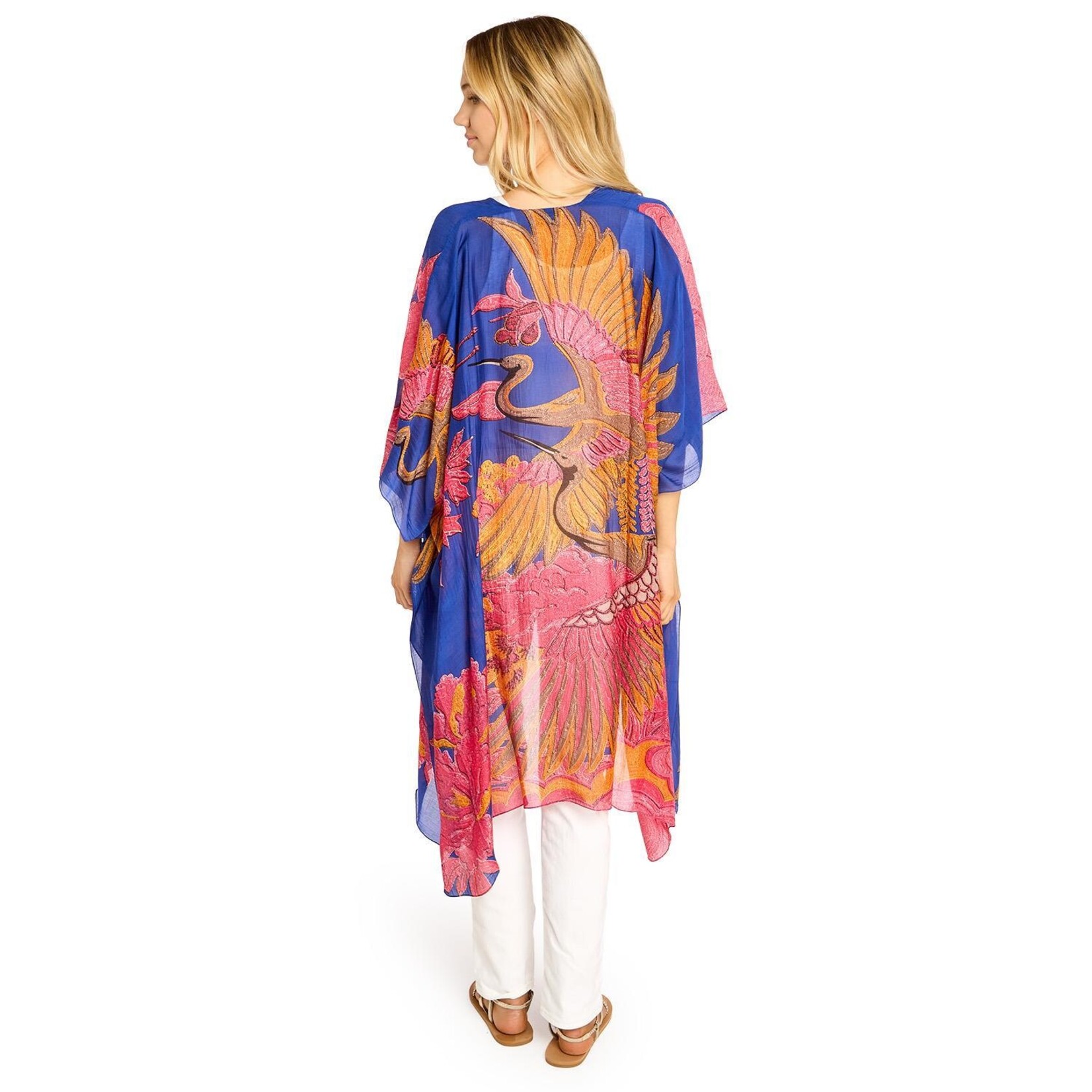 Two's Company Crane Print Cobalt Long Kimono