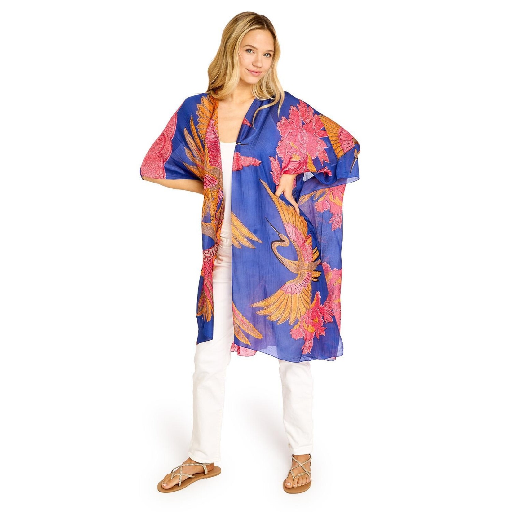 Two's Company Crane Print Cobalt Long Kimono