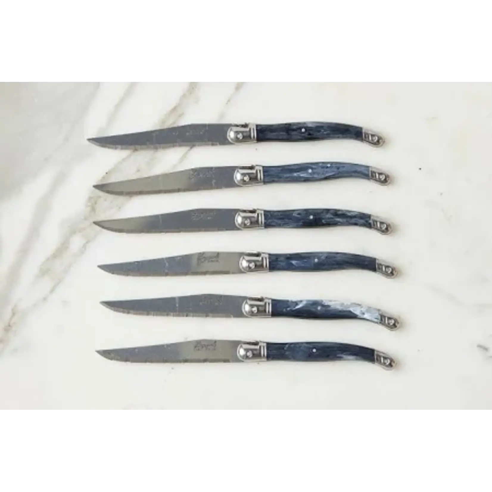 Laguiole Original French Laguiole Steak Knives w/ Wood Drawer Box, Marbled Grey