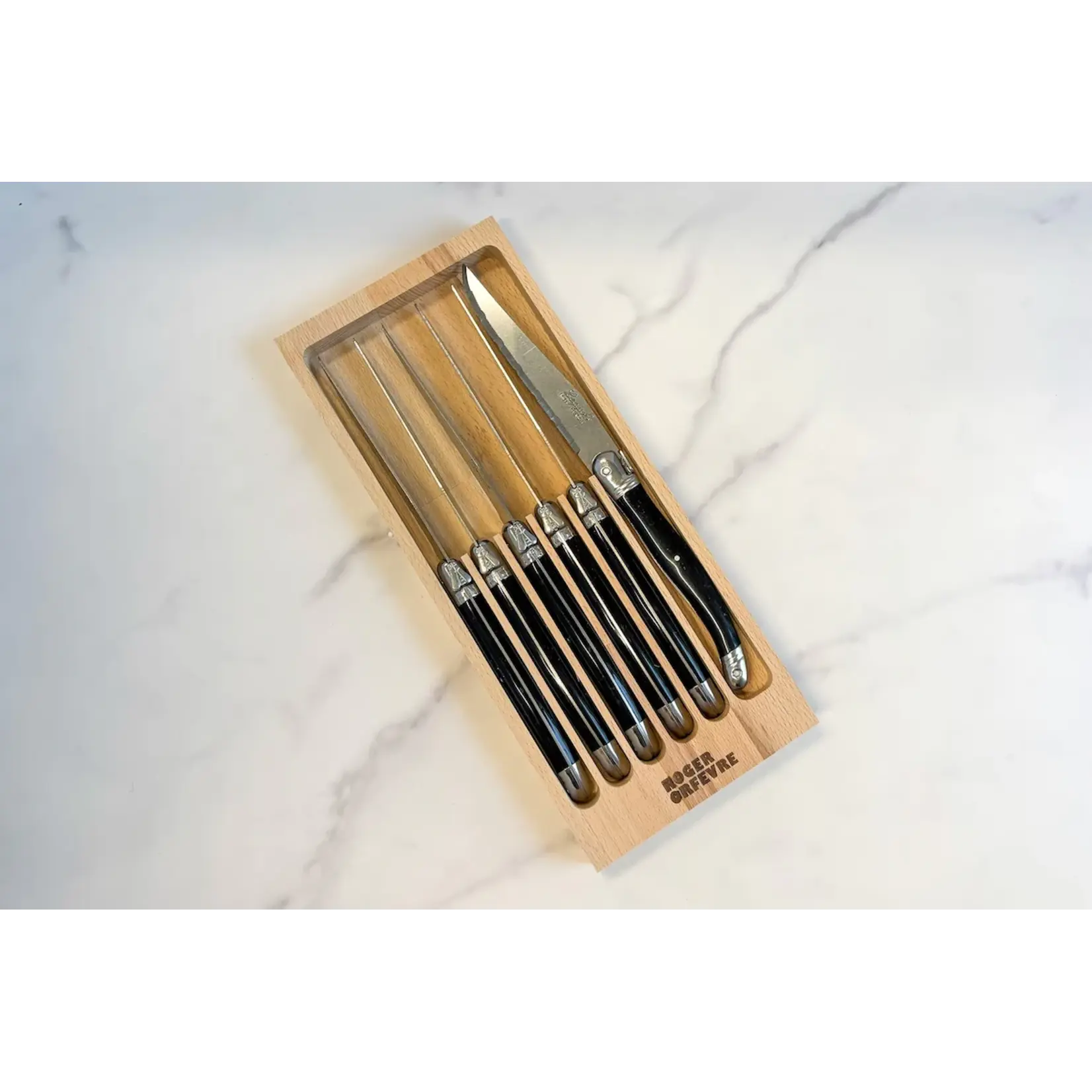 Laguiole Original French Laguiole Steak Knives w/ Wood Drawer Box, Black