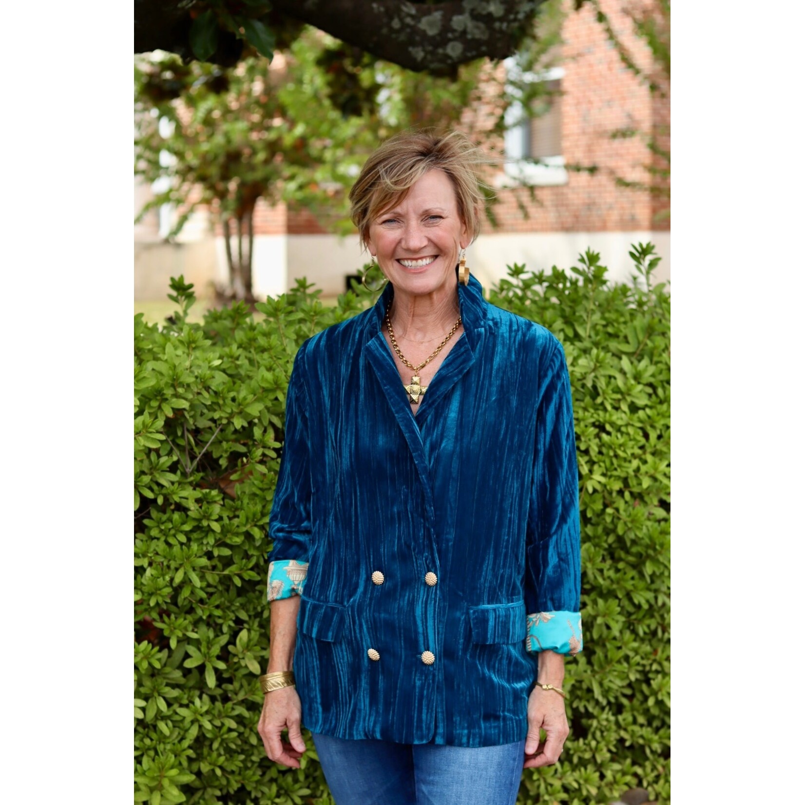 Two's Company Kim Crushed Velvet Jacket Blue with Mani Print Lining