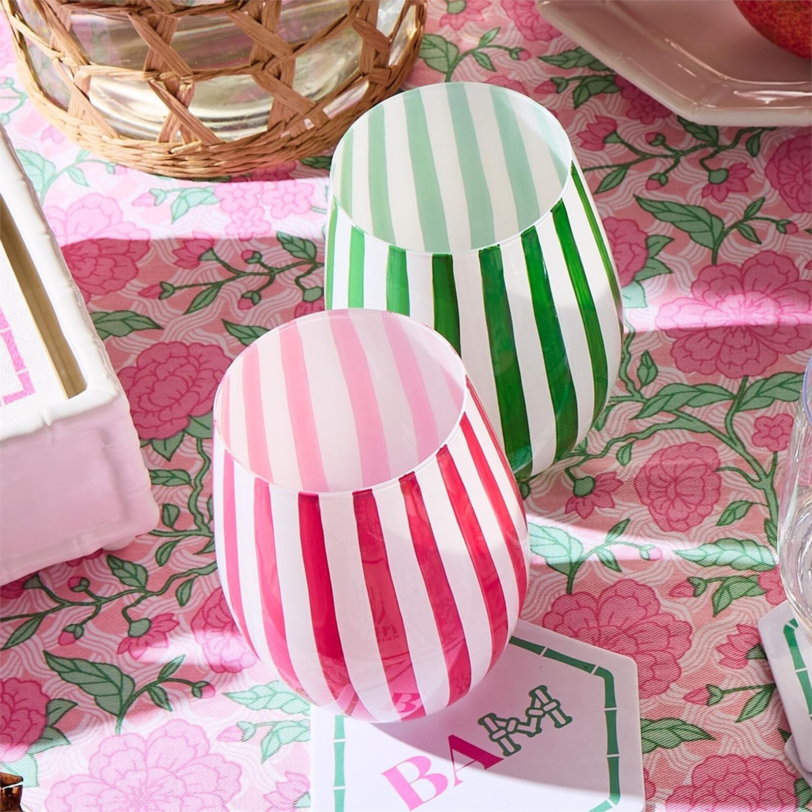 Two's Company Celebration Stripe Assorted Set/4 Stemless Hand-Painted Wine Glass