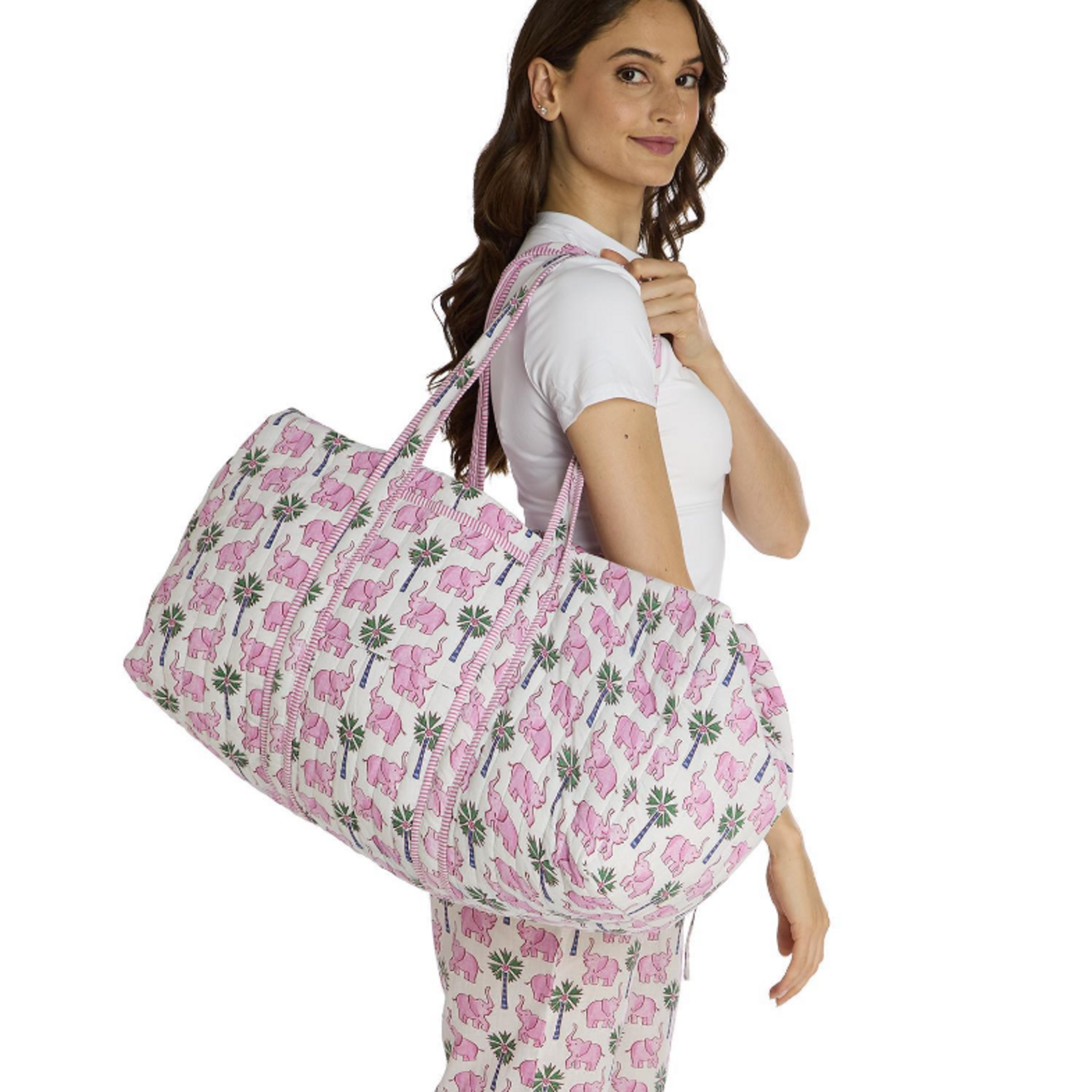 Two's Company Lucky Elephant Printed Cotton Quilted Weekender Bag
