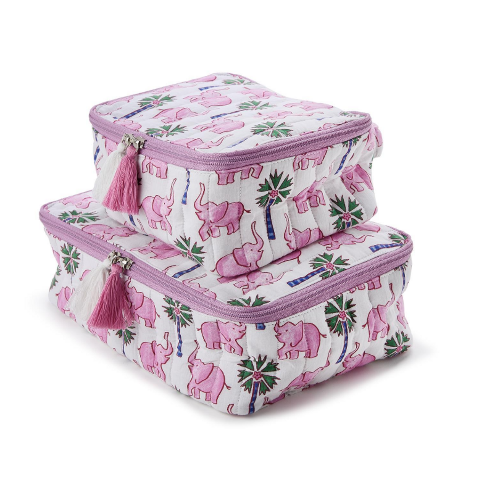 Two's Company Lucky Elephant Cotton Block Printed Packing Cubes S/2