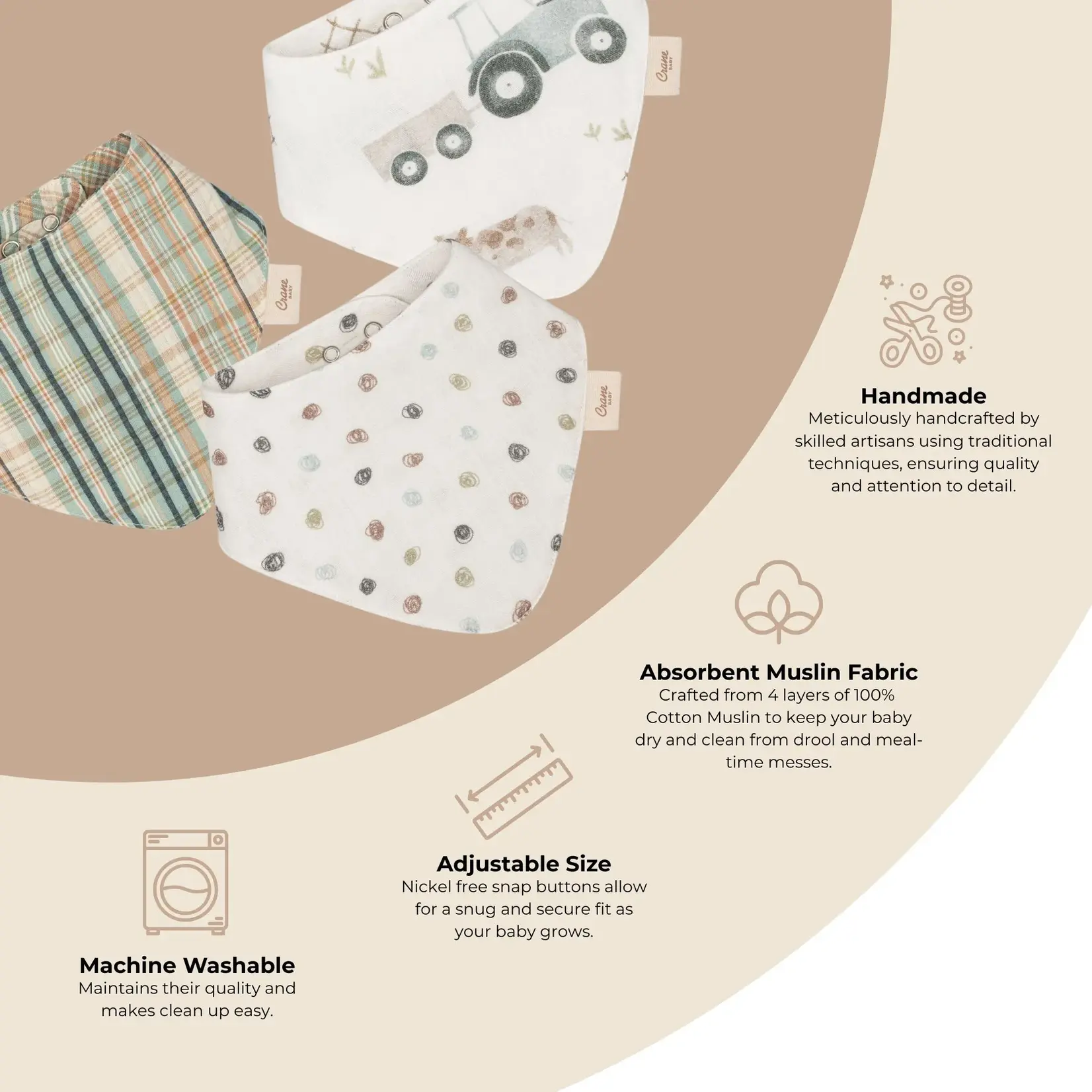 Crane Baby Charlie 3pc Farmhouse Tractor Bib Set