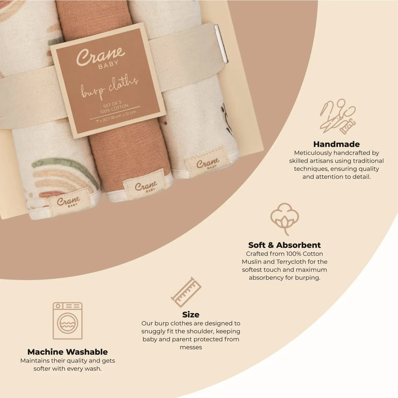 Crane Baby Parker 3pc Baby Burp Cloth Set Rainbow/Butterfly