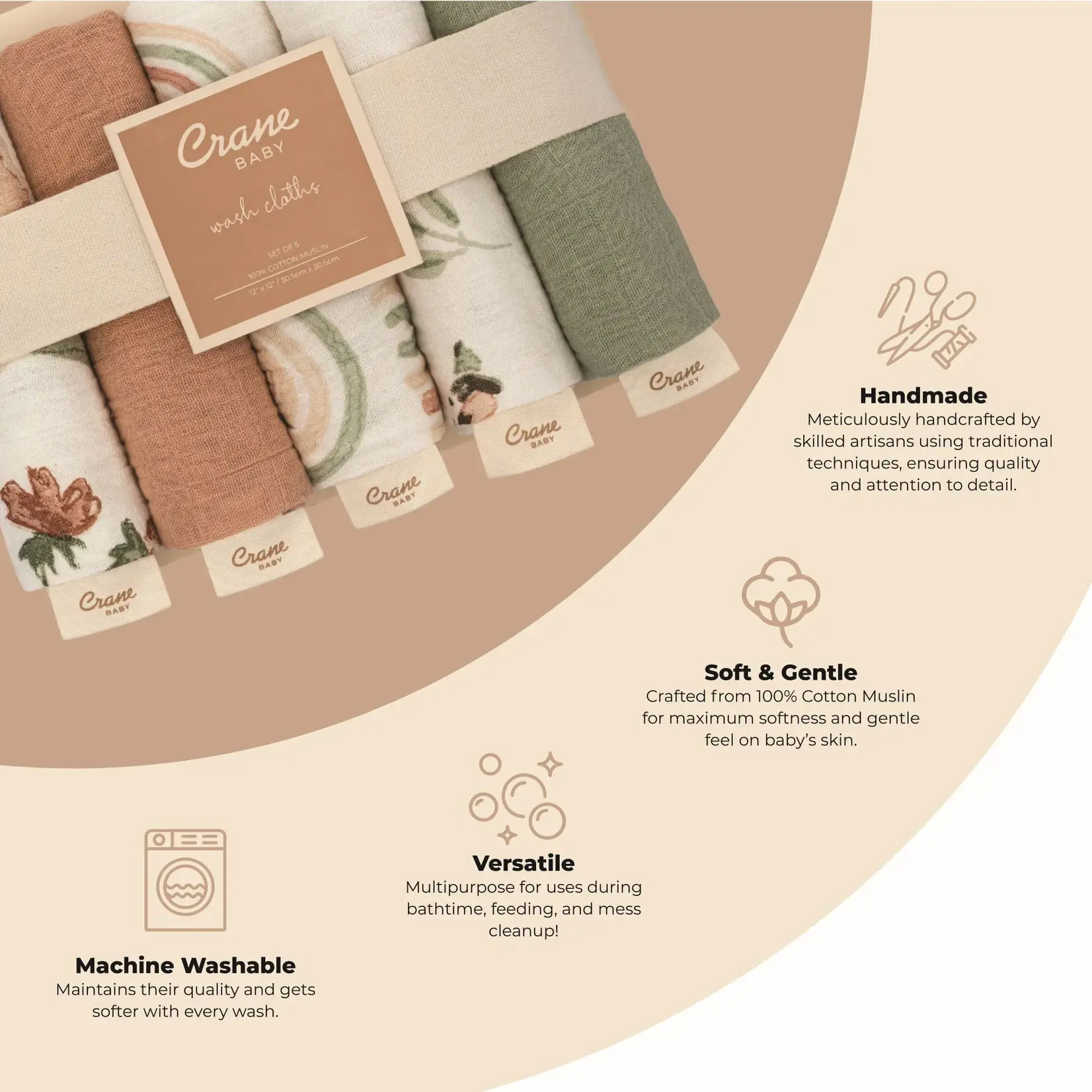 Crane Baby Parker 5pc Baby Wash Cloth Set Pink Floral