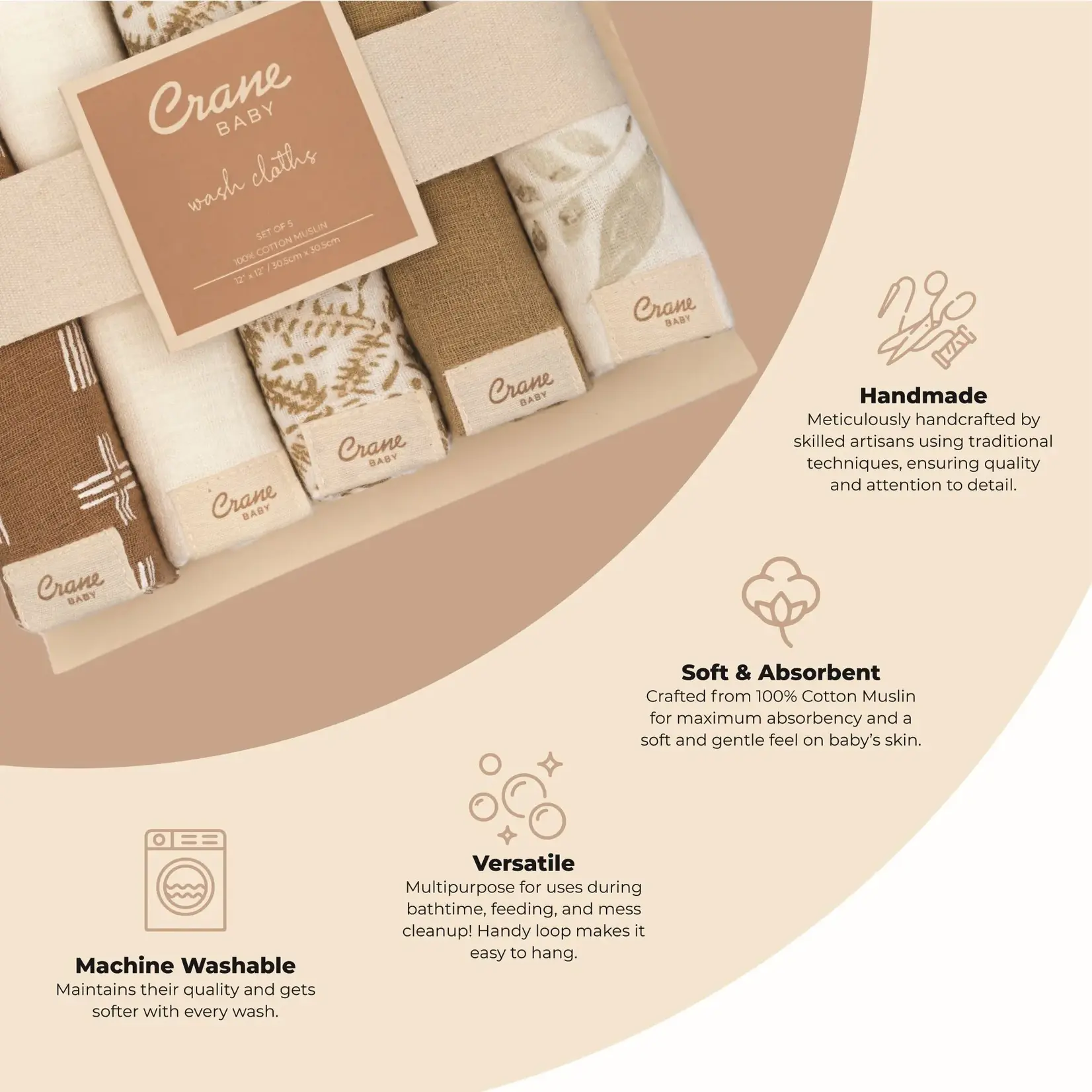 Crane Baby Kendi 5pc Wash Cloth Set Safari Animal