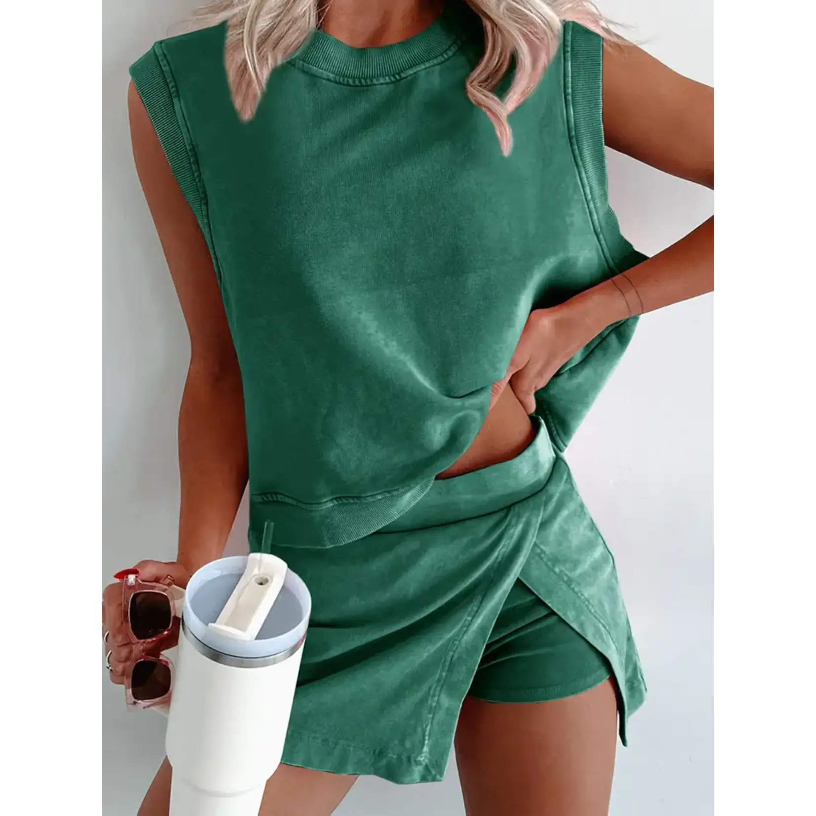 Wholesalesir Sleeveless Top and Short Skirt Two Piece Set Green