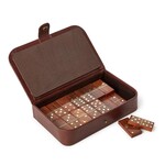 Two's Company Chestnut Genuine Leather Domino Set Includes: 28 Wood Domino Pieces