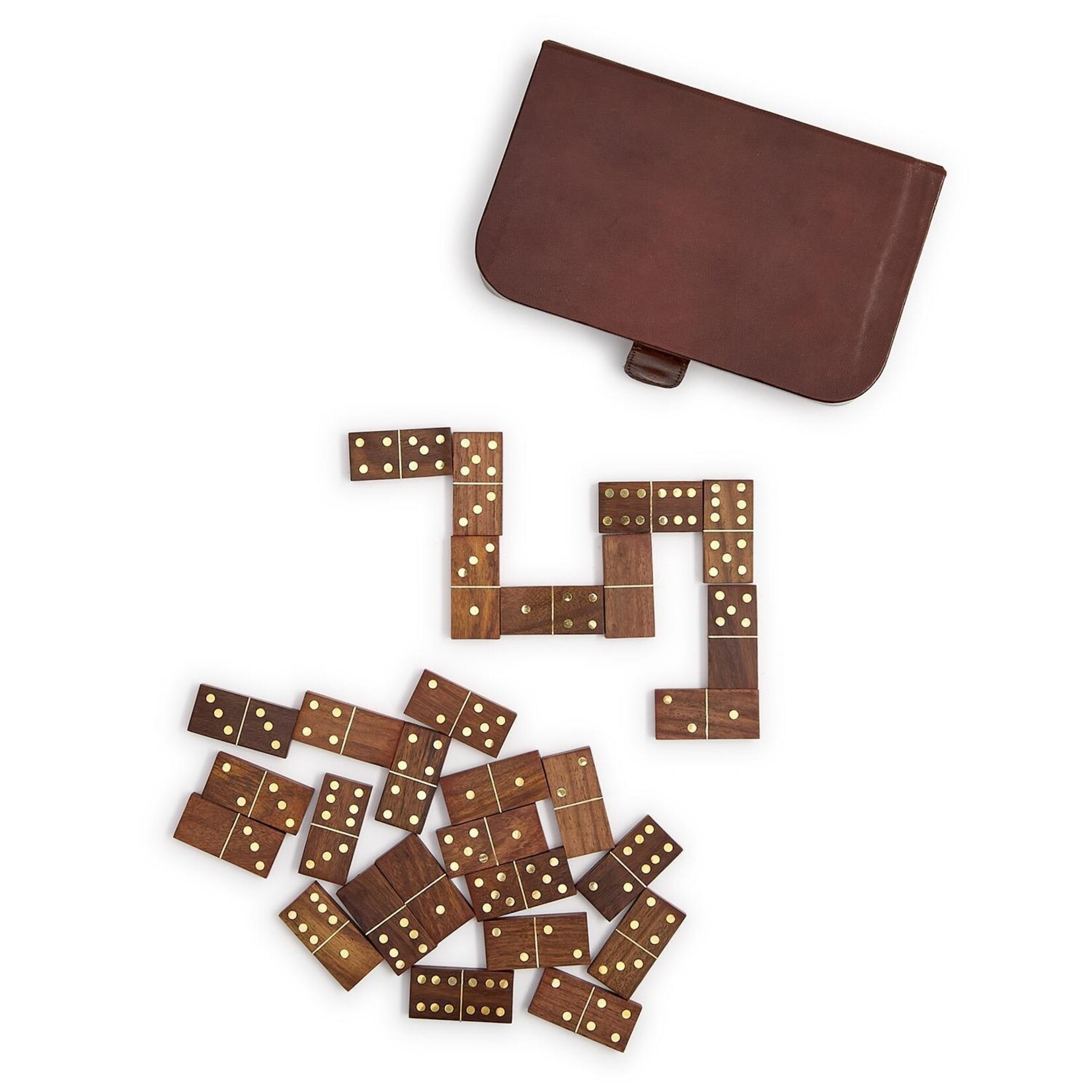Two's Company Chestnut Genuine Leather Domino Set Includes: 28 Wood Domino Pieces