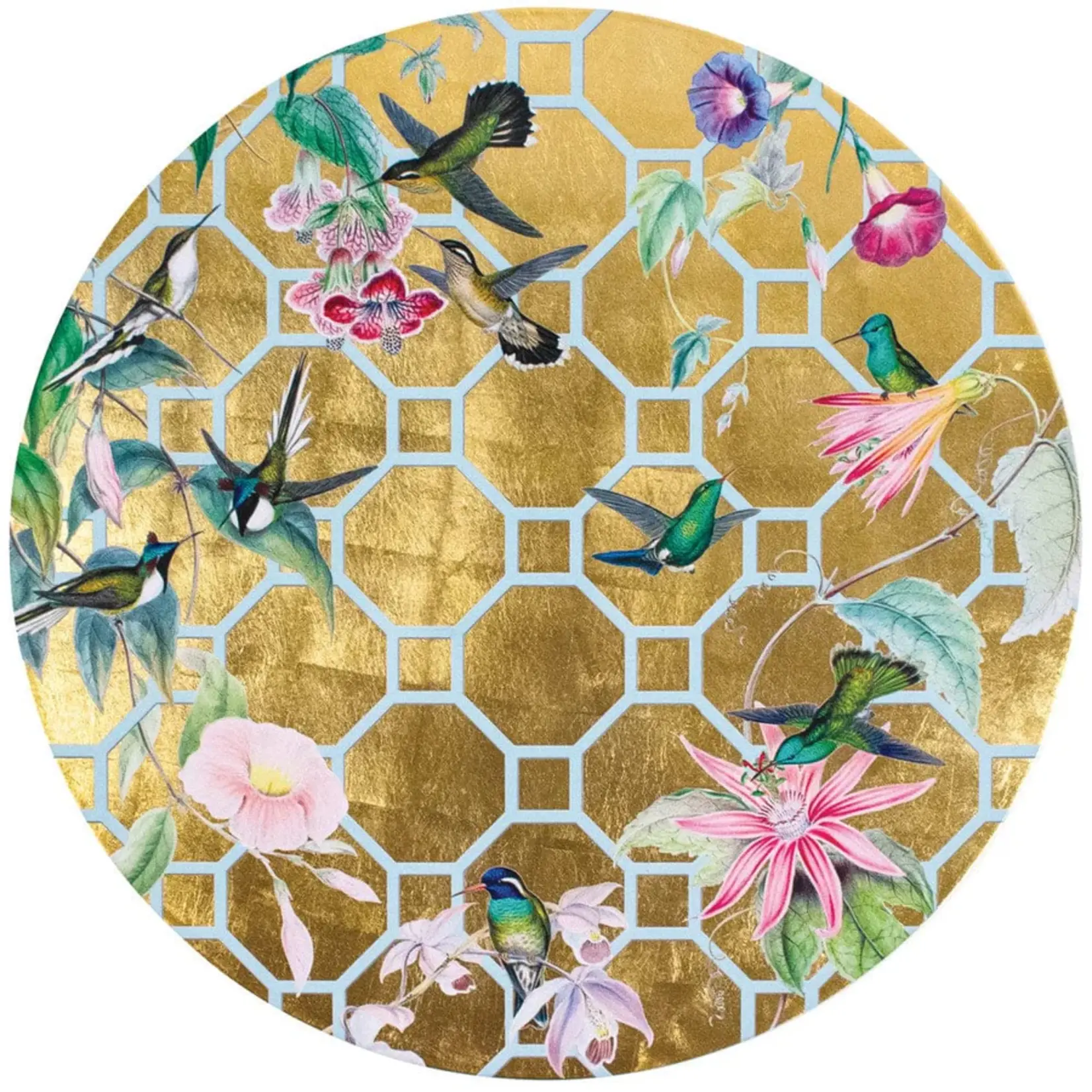 Caspari Hummingbird Trellis Gold Round Placemat Lacquer 15"