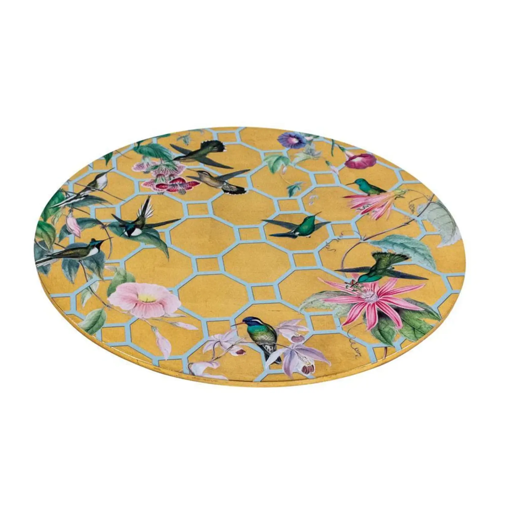 Caspari Hummingbird Trellis Gold Round Placemat Lacquer 15"