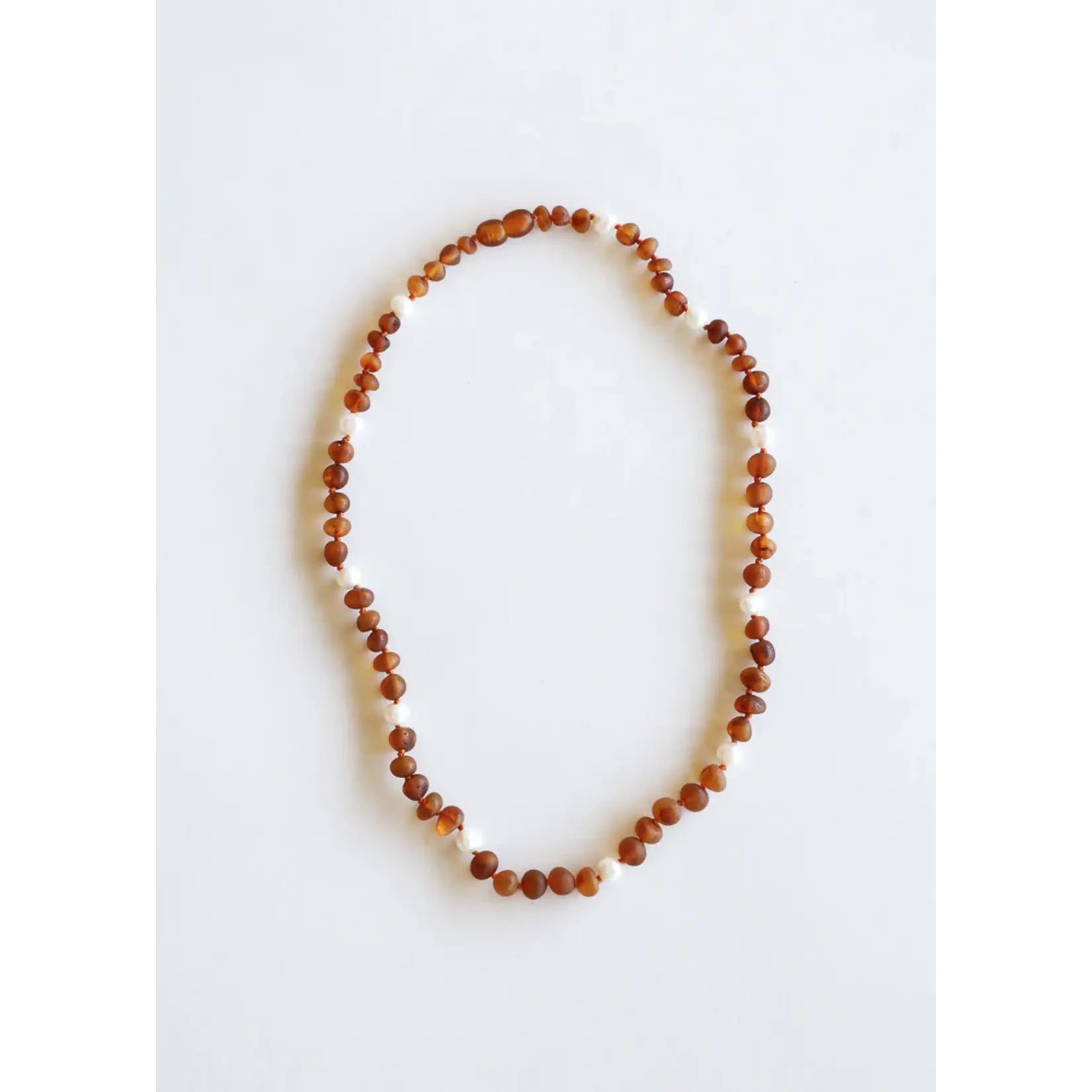 Canyon Leaf Raw Cognac Baltic Sea Amber + Pearl Halo Beaded Necklace 12"