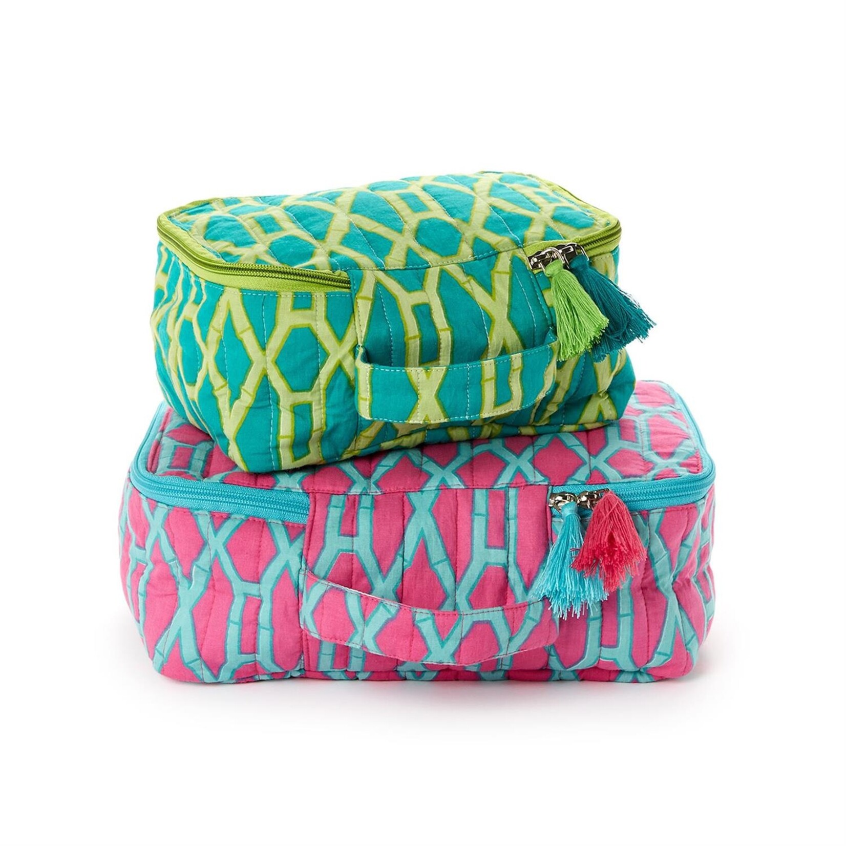 Two's Company Preppy Bamboo Cotton Block Printed Packing Cubes Set of Two Sizes