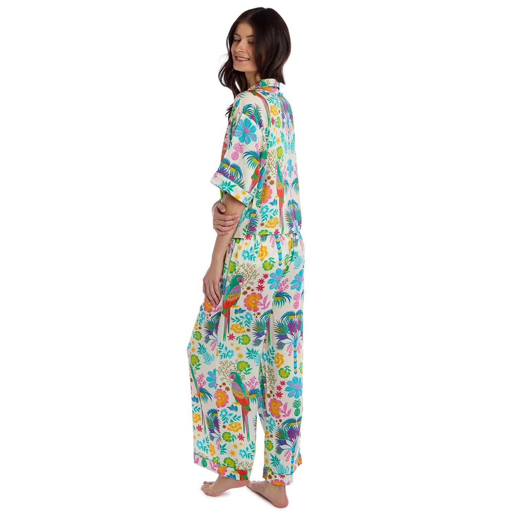 Two's Company Babouchka Blanc Short Sleeve Button Front Top and Wide Leg Pant Loungewear Set