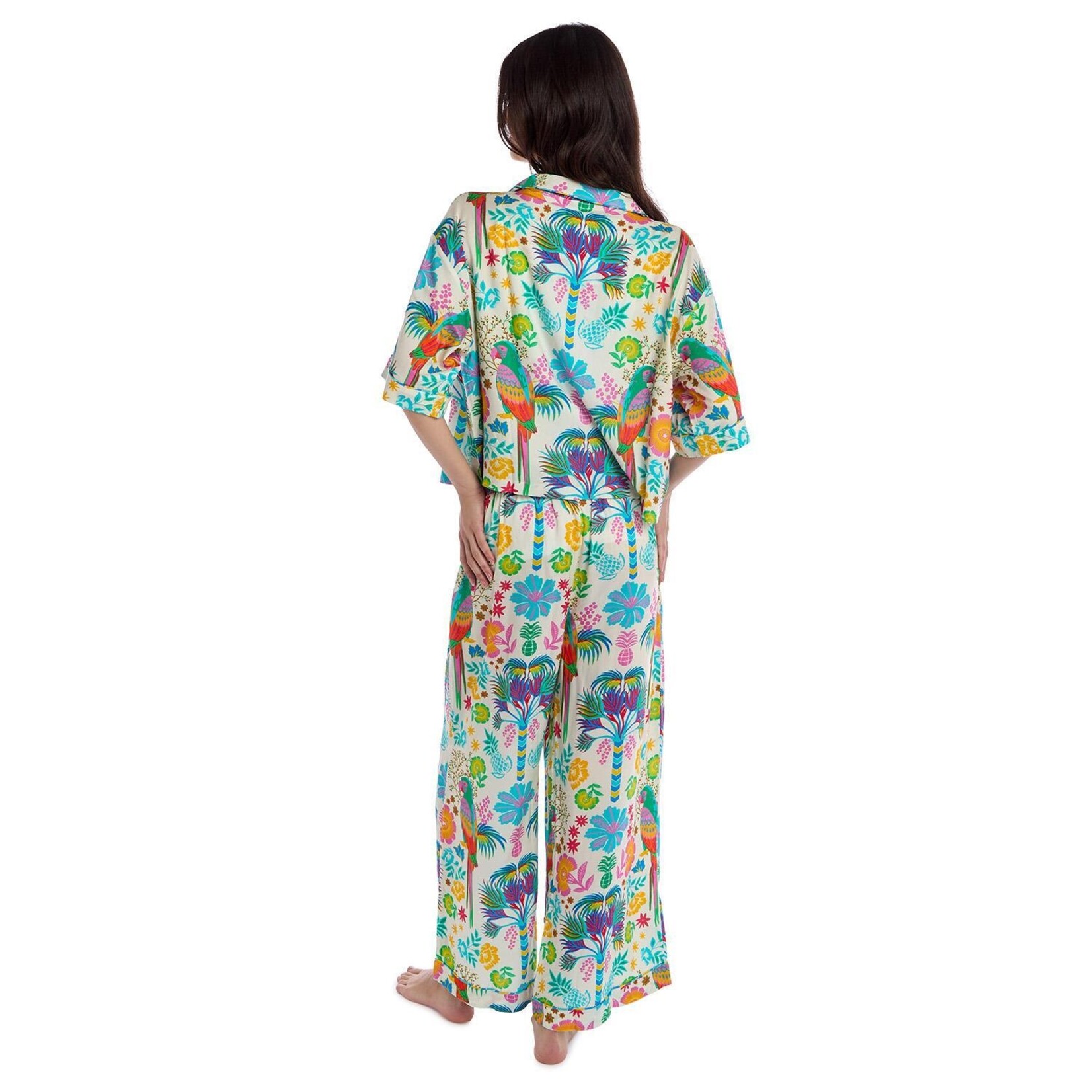 Two's Company Babouchka Blanc Short Sleeve Button Front Top and Wide Leg Pant Loungewear Set