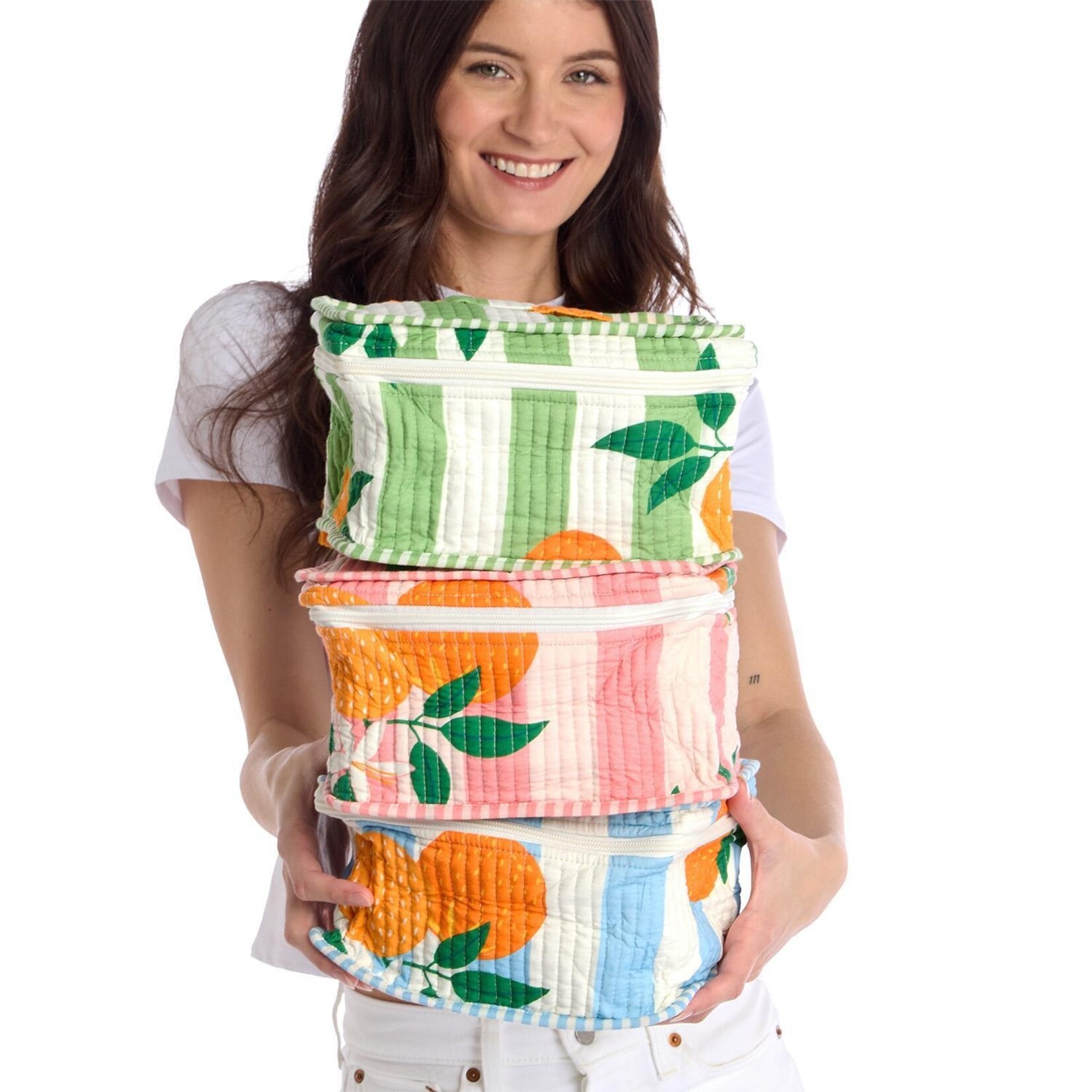 Two's Company Orange Grove Cotton Block Printed Toiletry Train Case