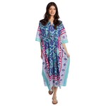Two's Company Wild Botanica Blue Multi Block Printed Cotton Caftan with Drawstring Waist