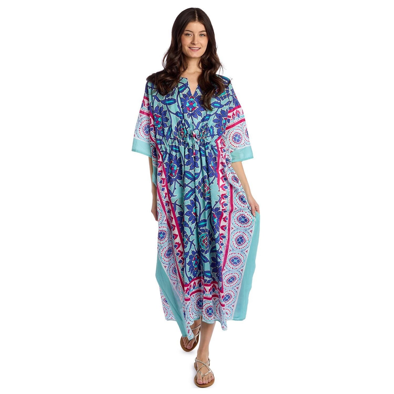 Two's Company Wild Botanica Blue Multi Block Printed Cotton Caftan with Drawstring Waist