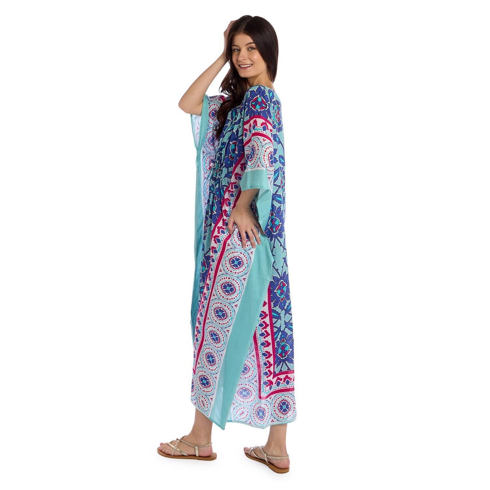 Two's Company Wild Botanica Blue Multi Block Printed Cotton Caftan with Drawstring Waist