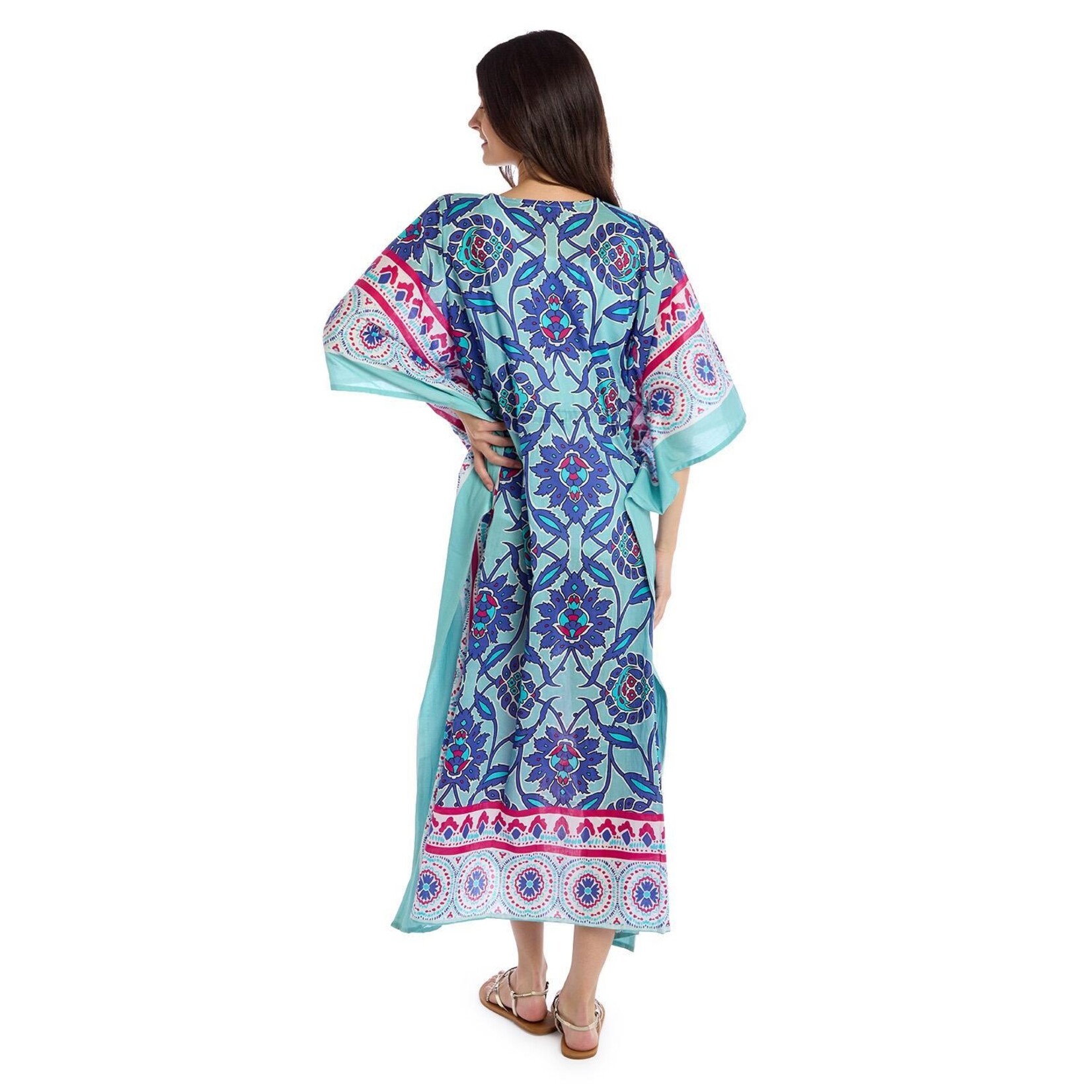 Two's Company Wild Botanica Blue Multi Block Printed Cotton Caftan with Drawstring Waist