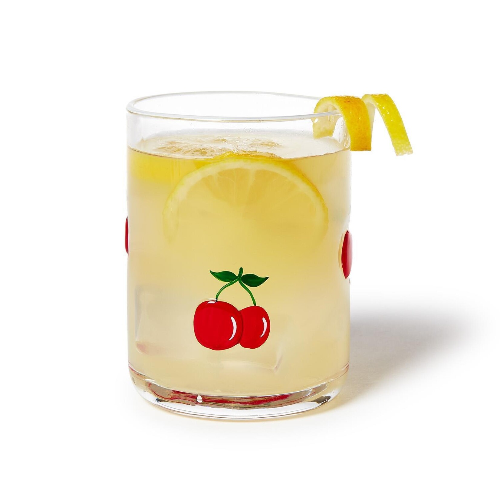 Two's Company Cherry Double Old Fashion Hand-Painted Glass with White Rim