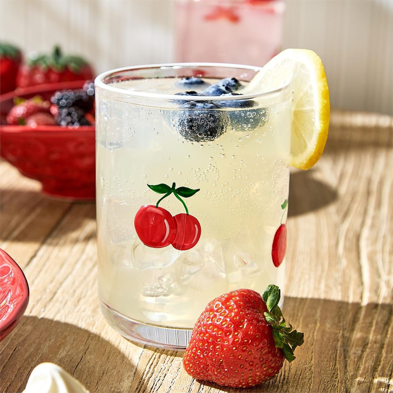 Two's Company Cherry Double Old Fashion Hand-Painted Glass with White Rim