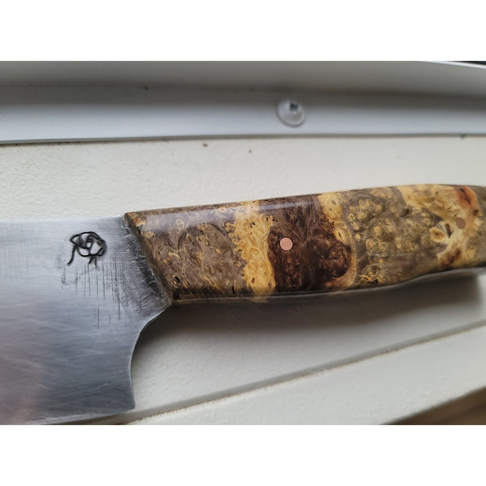 Paul Goebel Chef Knife, 1095 Steel Blade, Burl Box Elder Handle, w/copper pins, #8