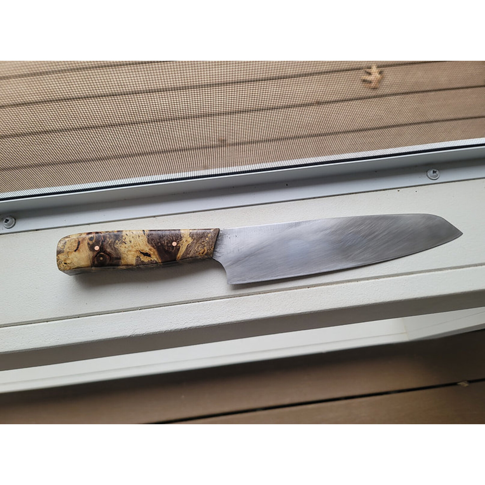 Paul Goebel Chef Knife, 1095 Steel Blade, Burl Box Elder Handle, w/copper pins, #8