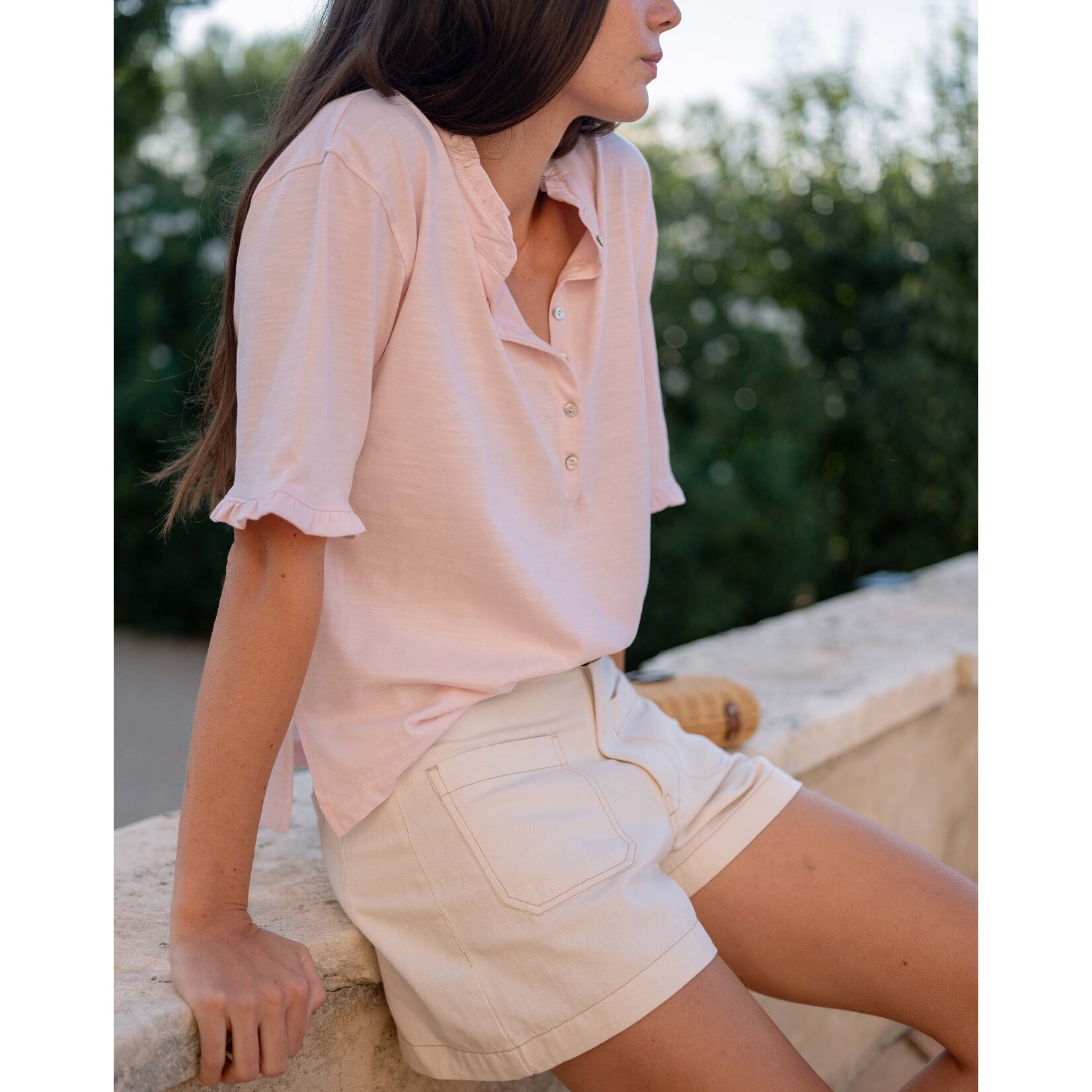 Mersea Josephine Ruffle Henley Tee Rose Quartz