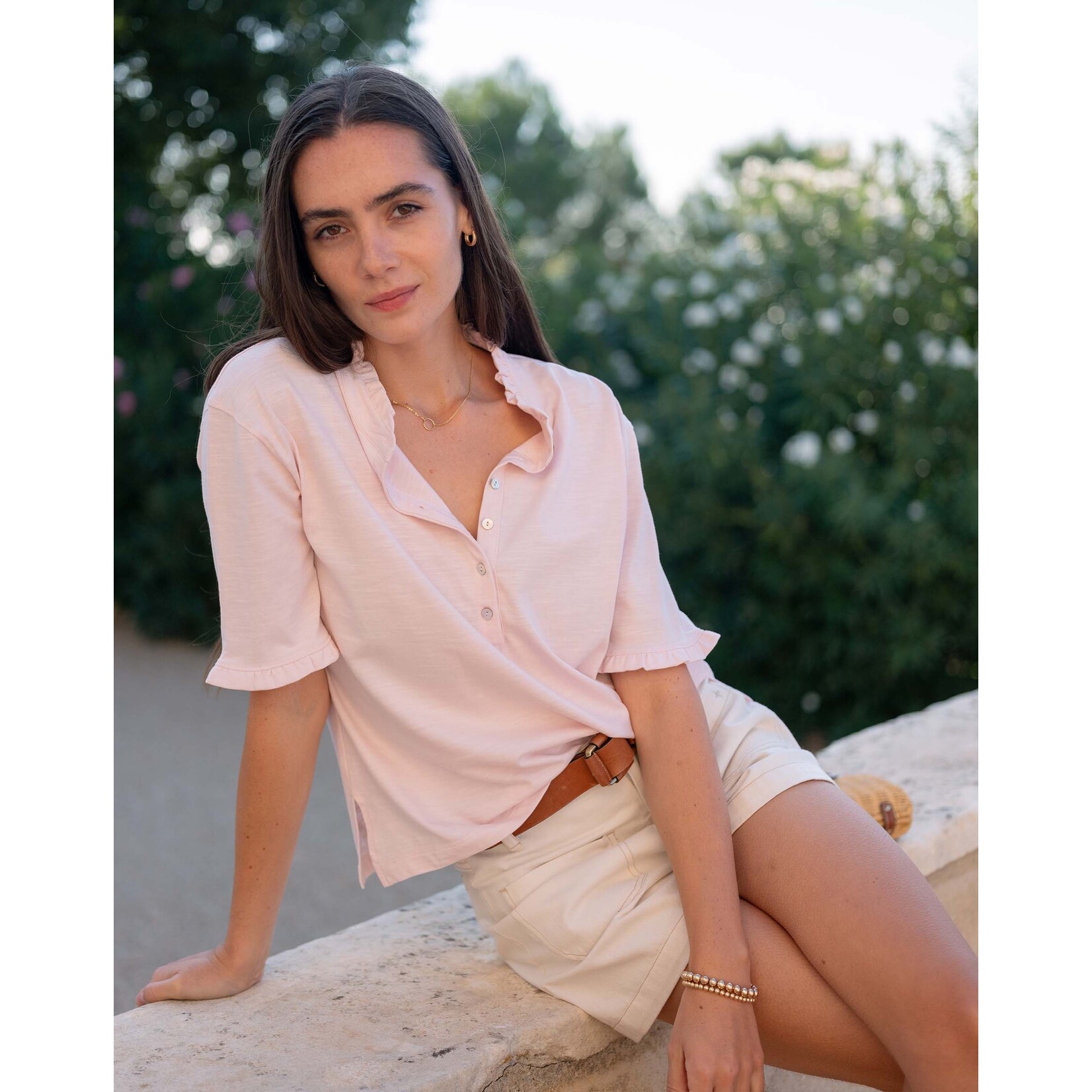 Mersea Josephine Ruffle Henley Tee Rose Quartz