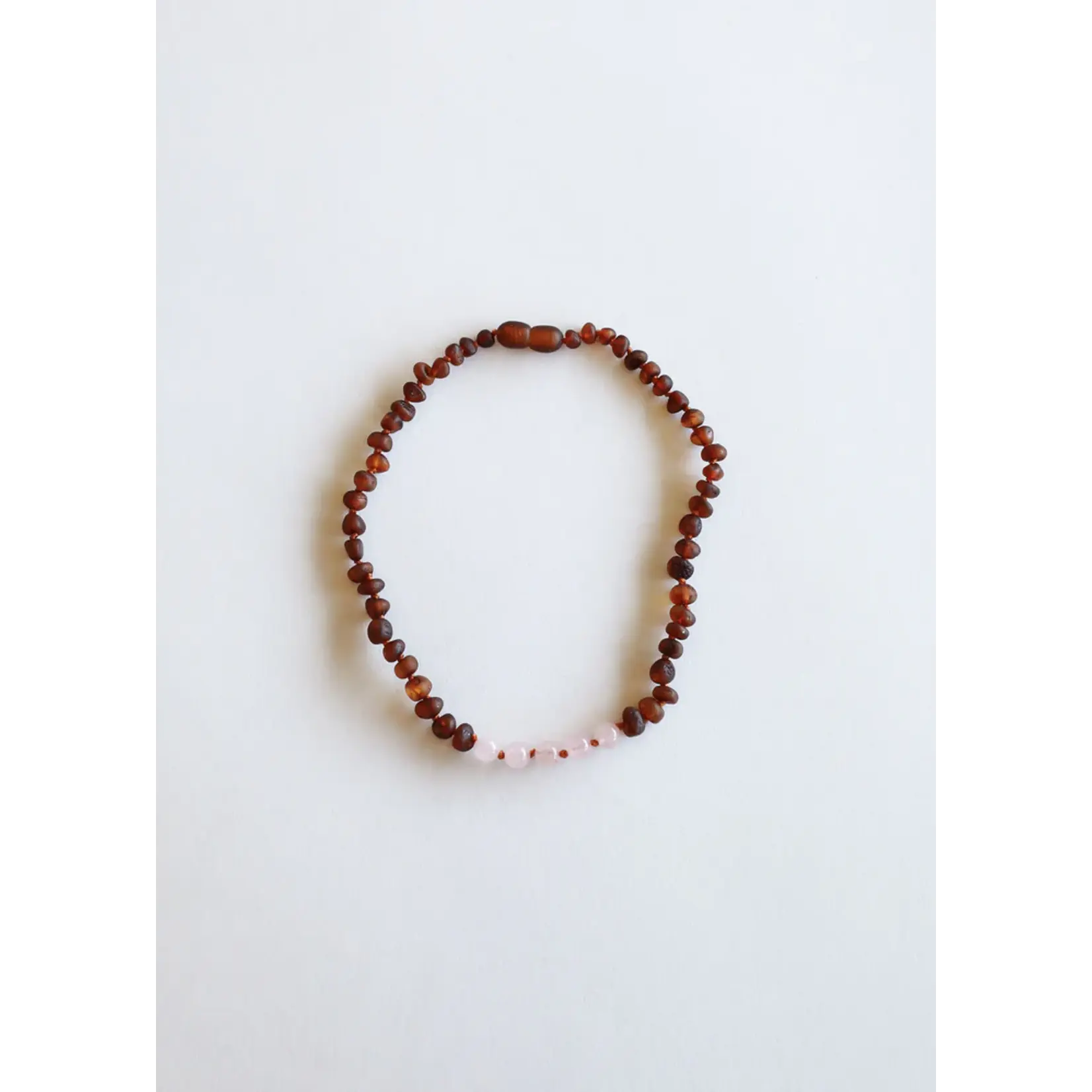 Canyon Leaf Raw Cognac Baltic Amber + Rose Quartz 11"
