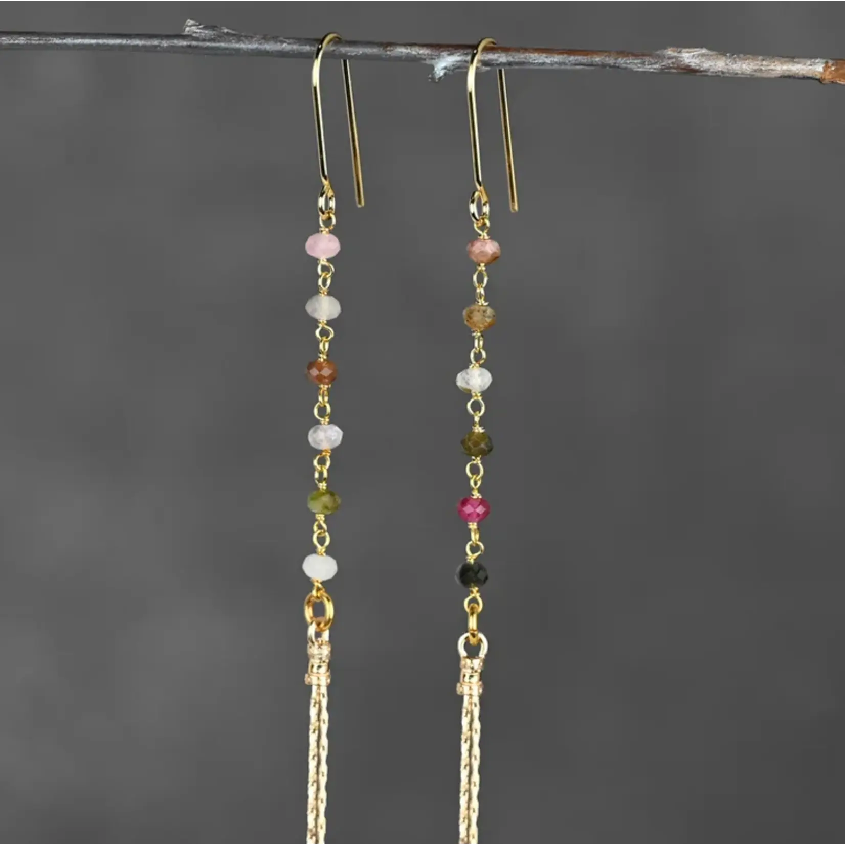 KBD Studio Sleek Semi Precious Long 6 Tourmaline Tassel Earrings
