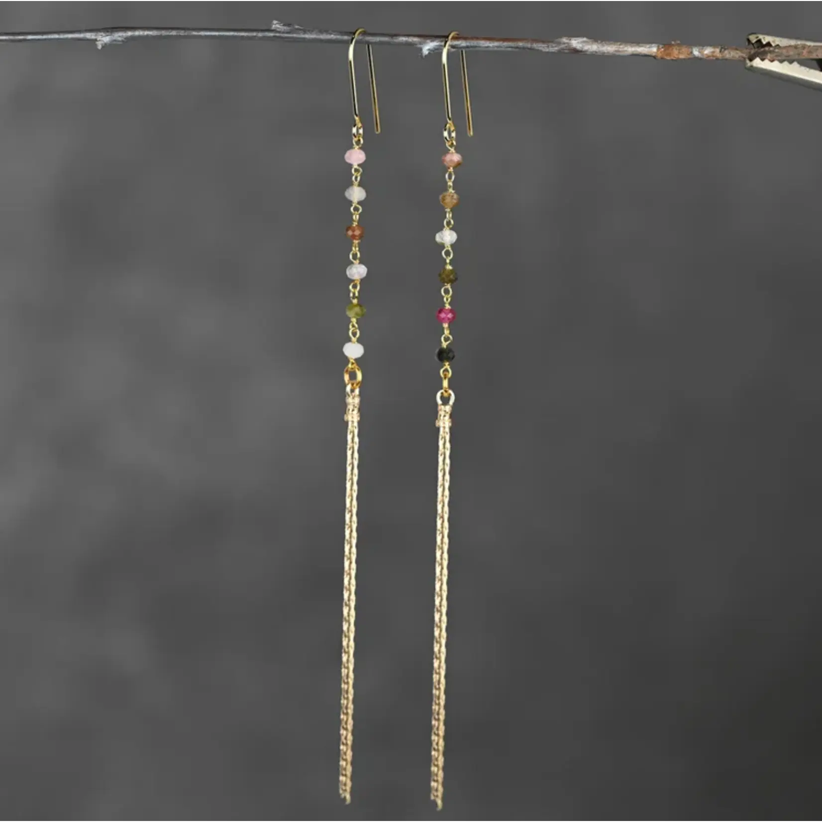 KBD Studio Sleek Semi Precious Long 6 Tourmaline Tassel Earrings