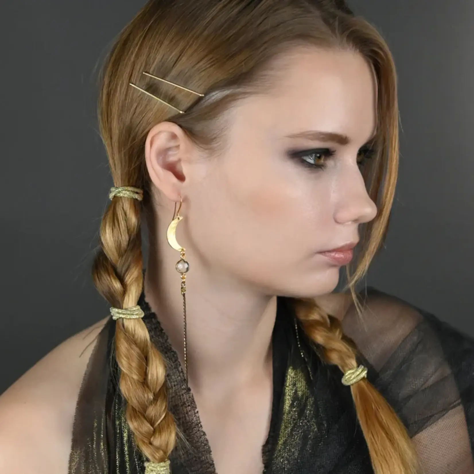 KBD Studio Hammered Moon w/Semi Precious & Black & Gold Tassel Earring