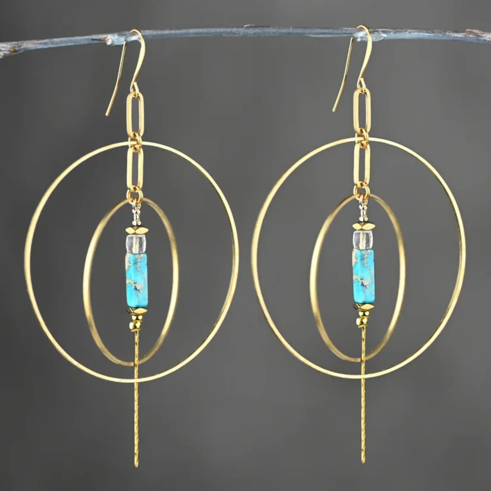 KBD Studio Double Hoop w/Semi Precious Chain Drop Earrings Jasper Turquoise Tube