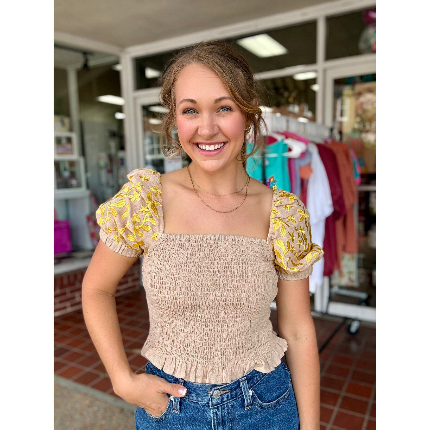 Mersea Summer Smocked Top Tan