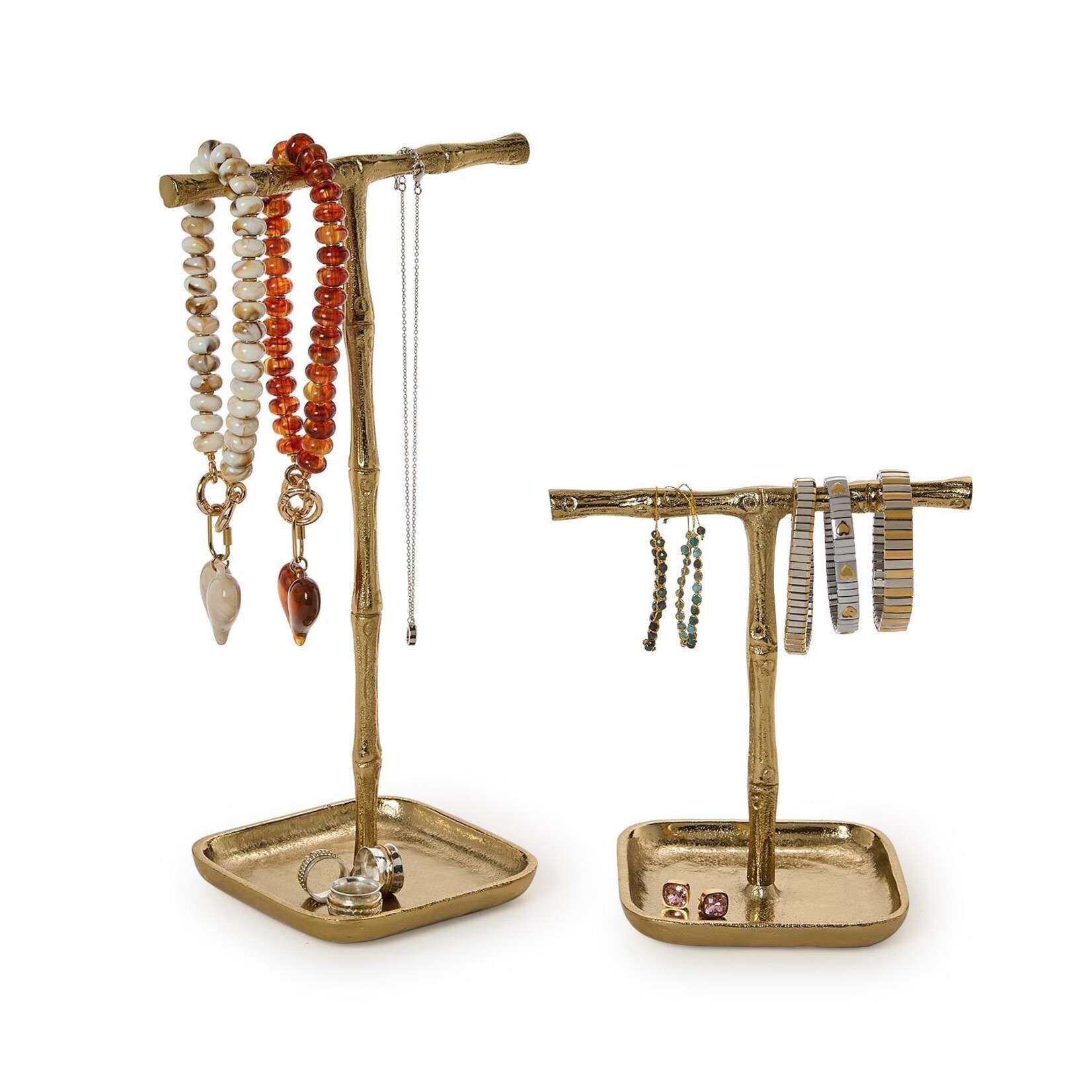 Two's Company Stand Tall Gold Bamboo Jewelry Stands with Catchall Tray 13"