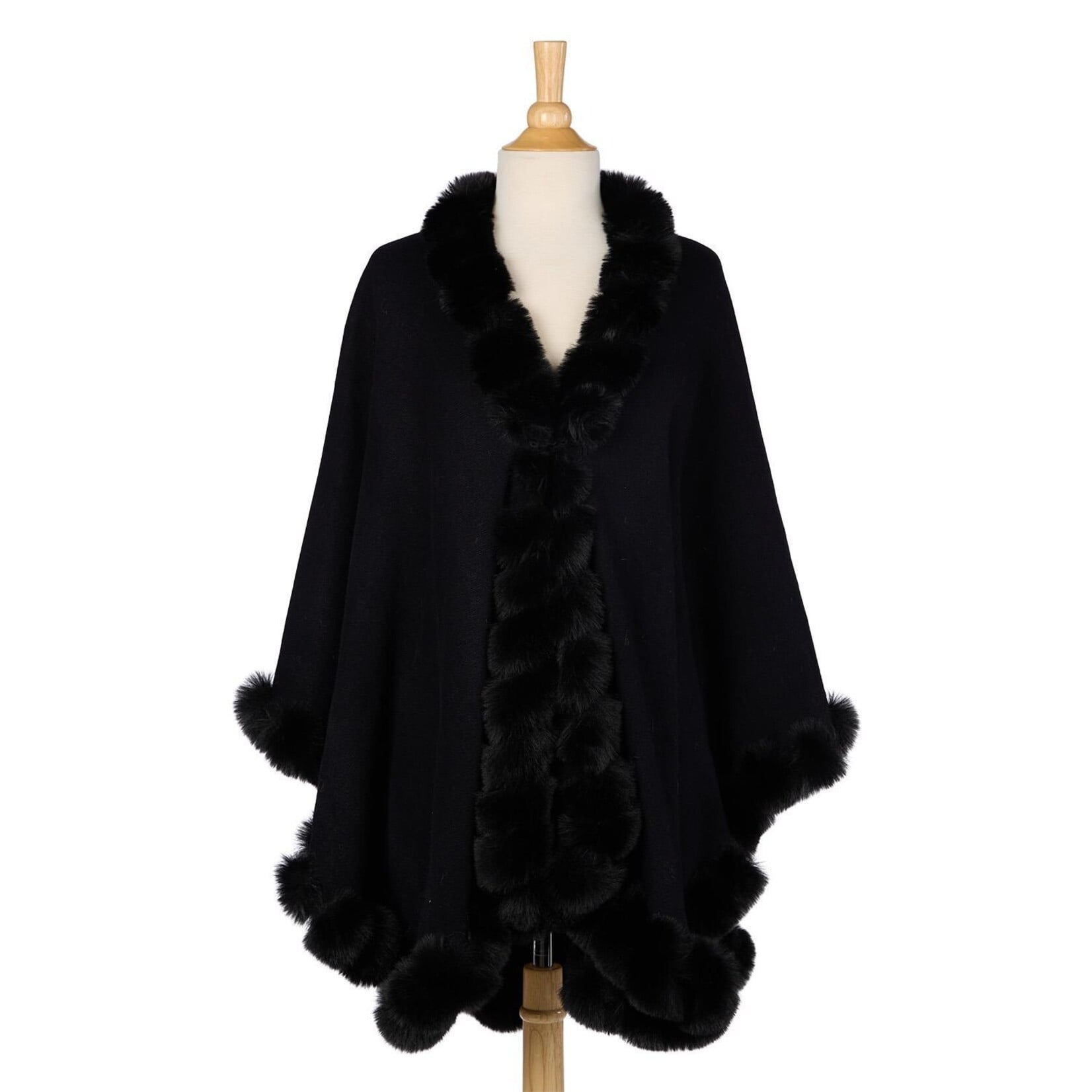 Two's Company Regal Wrap with Faux Fur Trim and Hook and Eye Closure in Black