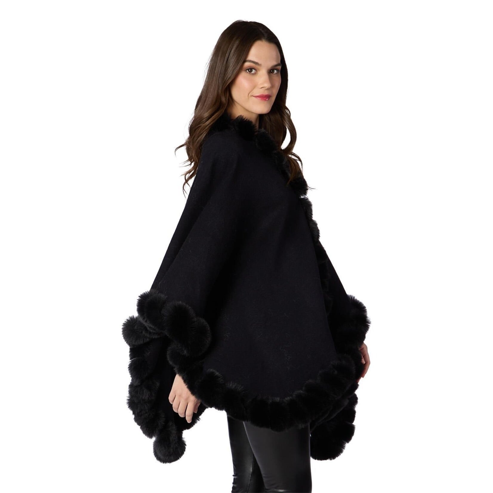 Two's Company Regal Wrap with Faux Fur Trim and Hook and Eye Closure in Black