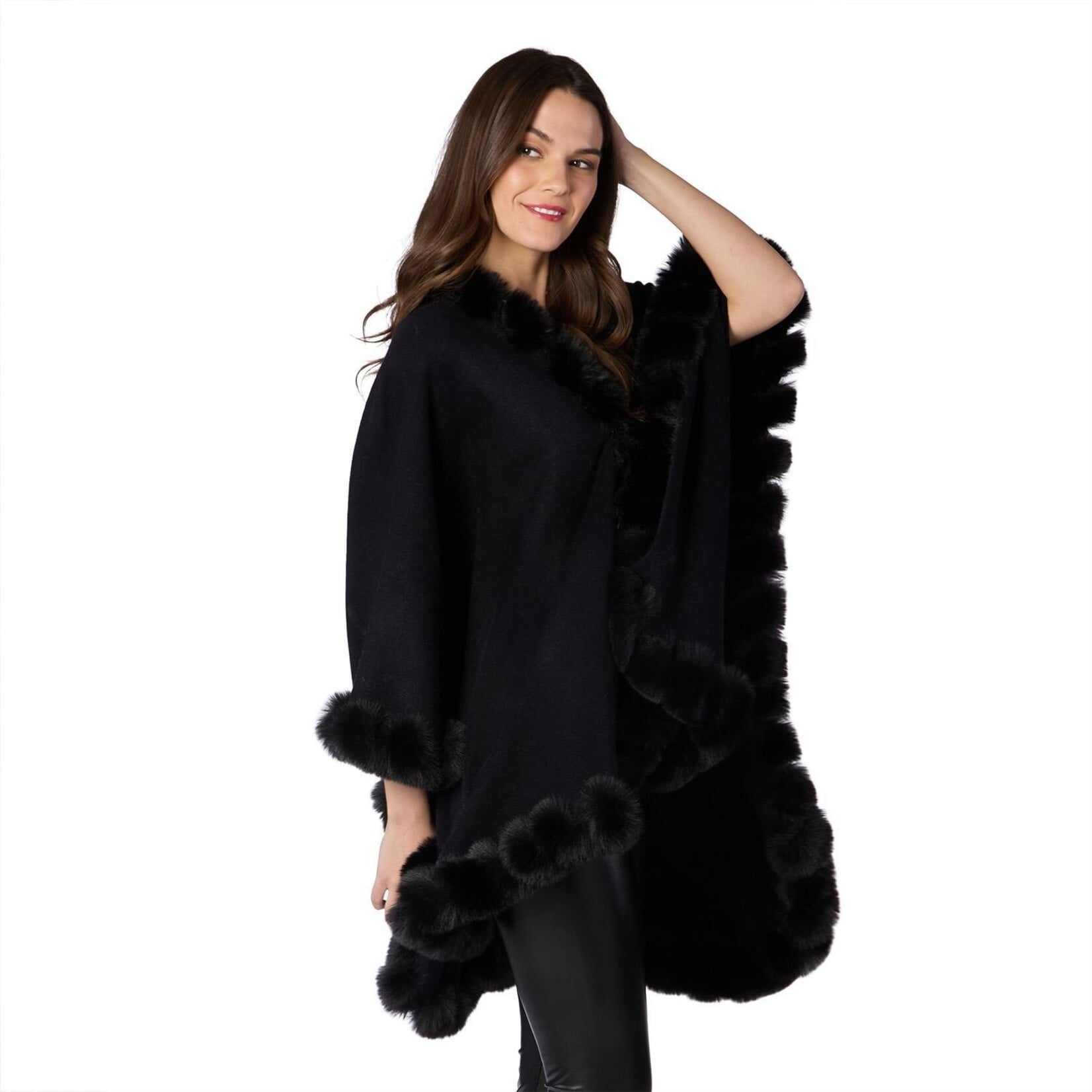 Two's Company Regal Wrap with Faux Fur Trim and Hook and Eye Closure in Black