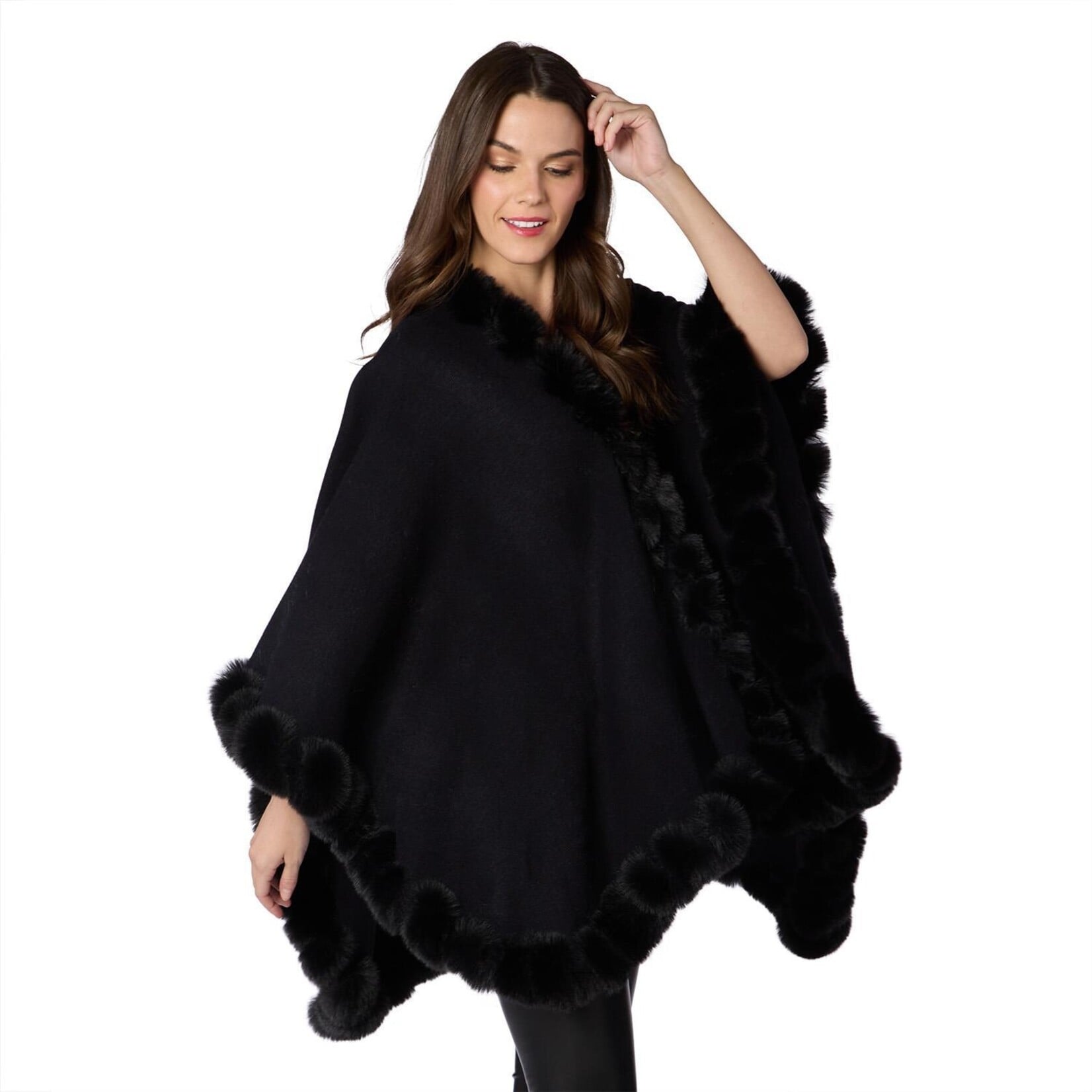 Two's Company Regal Wrap with Faux Fur Trim and Hook and Eye Closure in Black