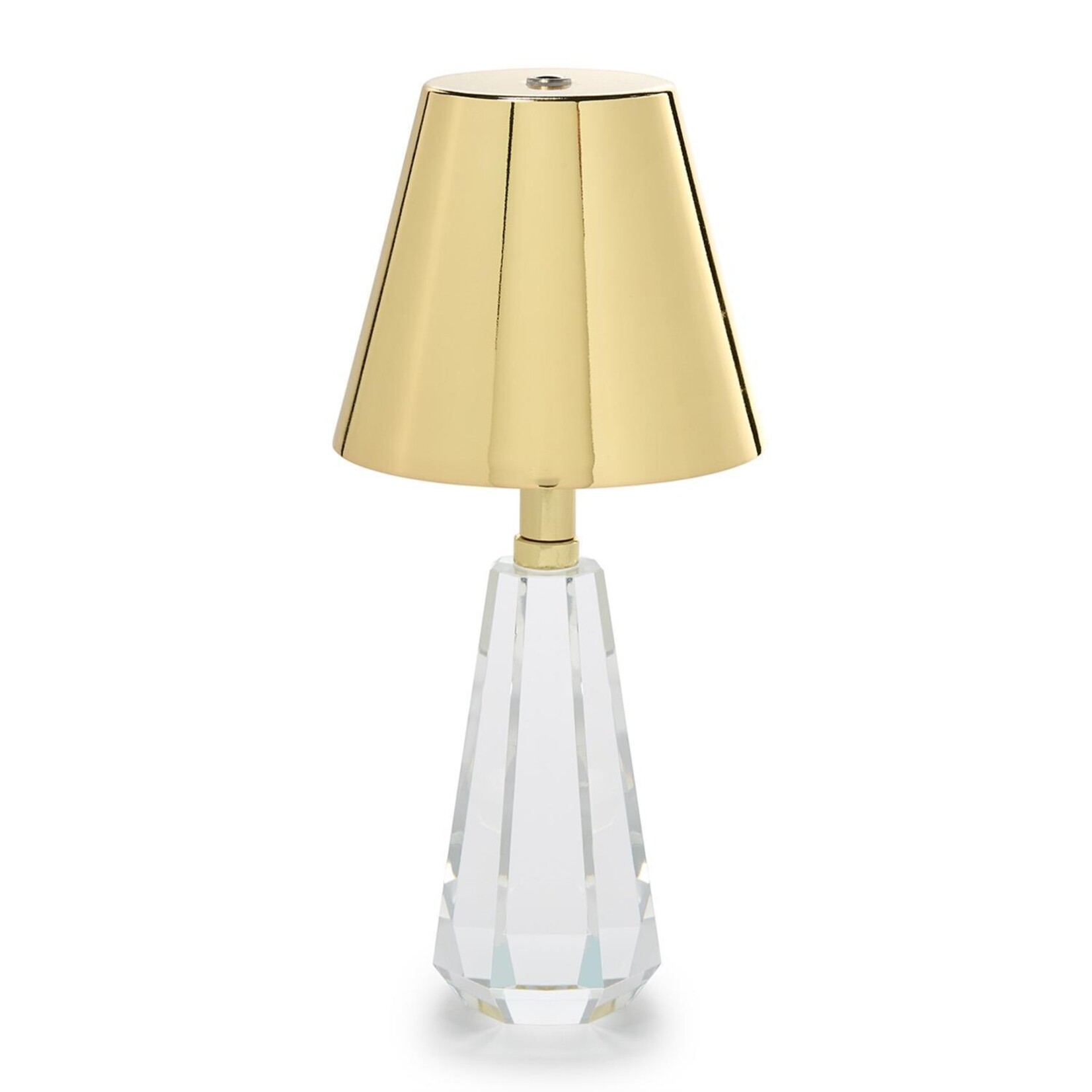 Two's Company Faceted Crystal-Style Glass LED Portable Cordless Table Lamp with Gold Metallic Shade in Gift Box