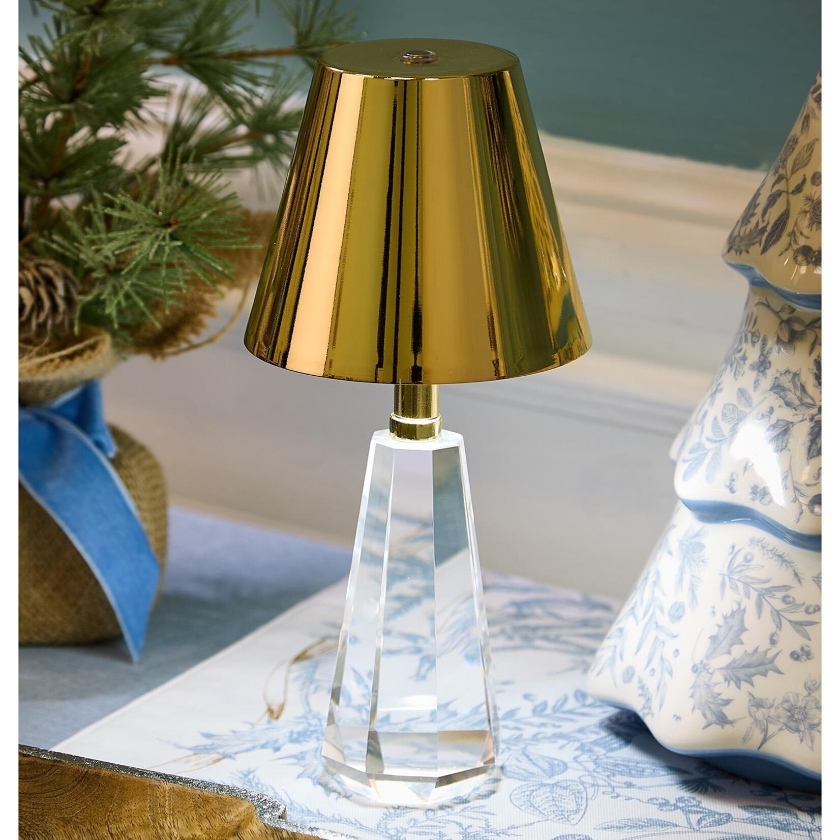 Two's Company Faceted Crystal-Style Glass LED Portable Cordless Table Lamp with Gold Metallic Shade in Gift Box