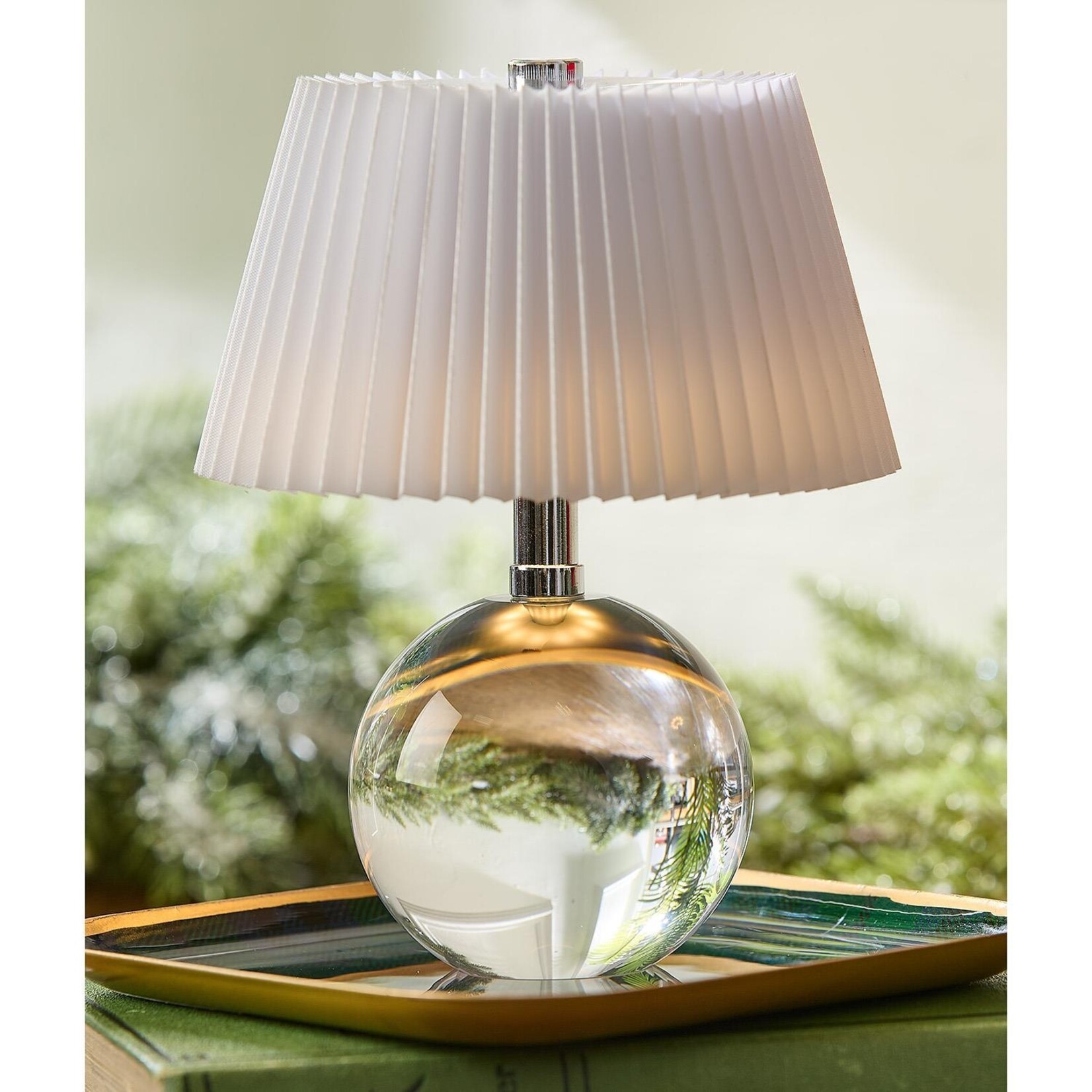 Two's Company Crystal-Style Glass LED Portable Cordless Table Lamp with White Pleated Shade